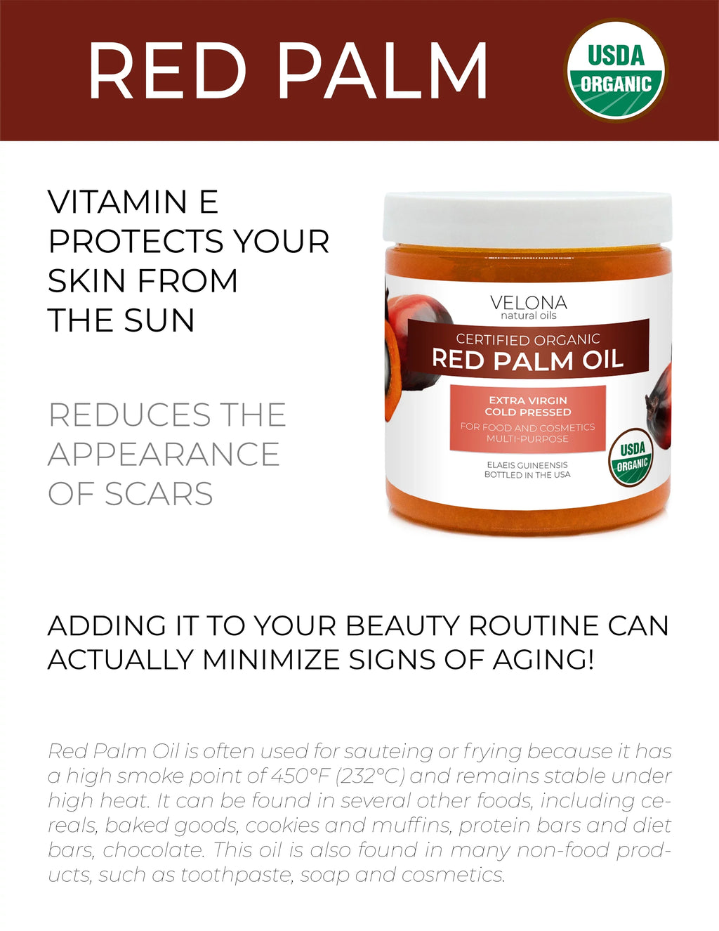 Velona USDA Certified Organic Red Palm Oil - 32 oz | Food and Cosmetic Grade | in jar | Extra Virgin; Cold Pressed | Skin; Face; Body; Hair Care | Use Today - Enjoy Results