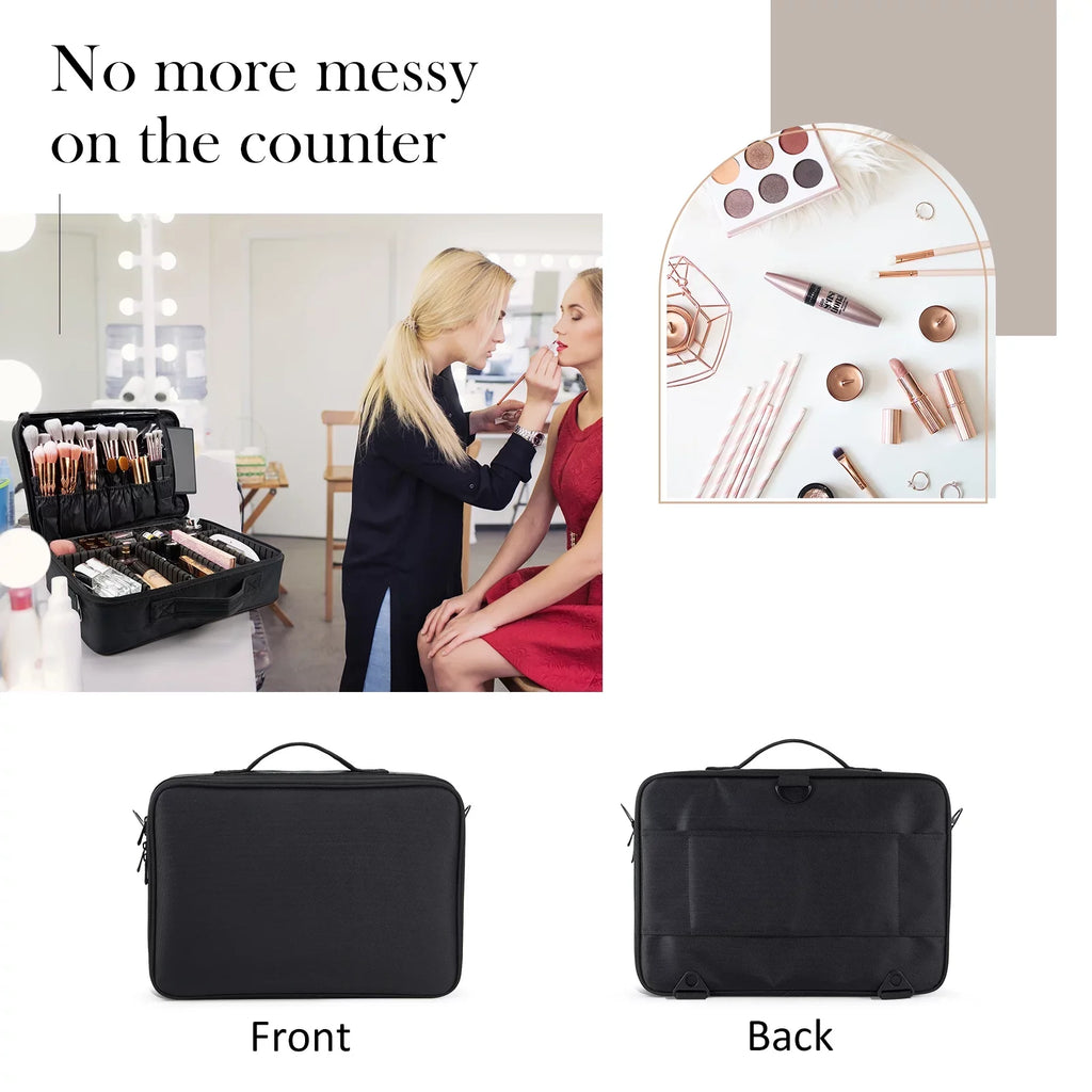 Extra Large Travel Makeup Bag Cosmetic Case Organizer Beauty Train Case with Shoulder Strap and Dividers Compartment; Black