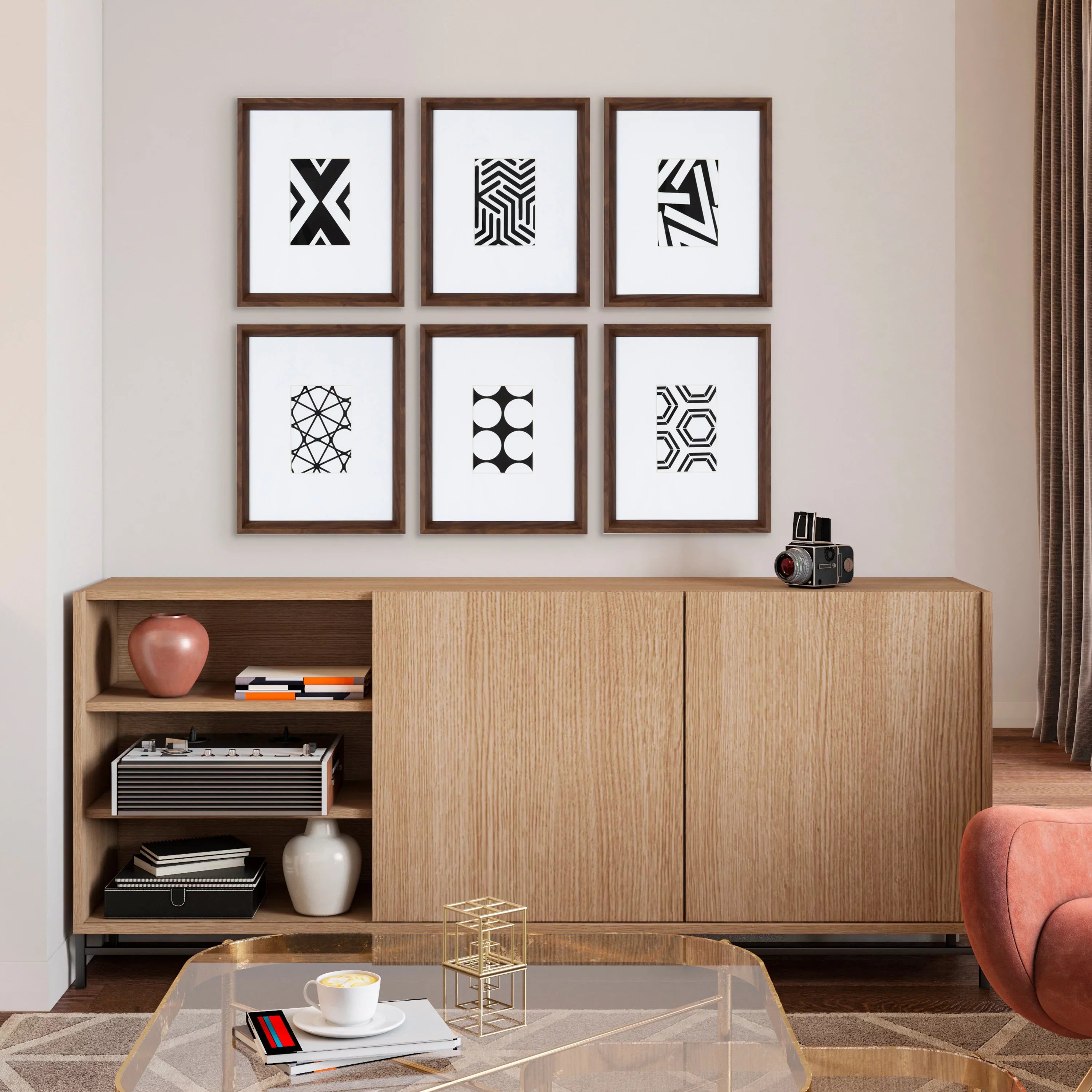 Kate and Laurel Calder Modern Framed Abstract Art Prints; Set of 6; Walnut Brown; Mid-Century Wall Decor for Display