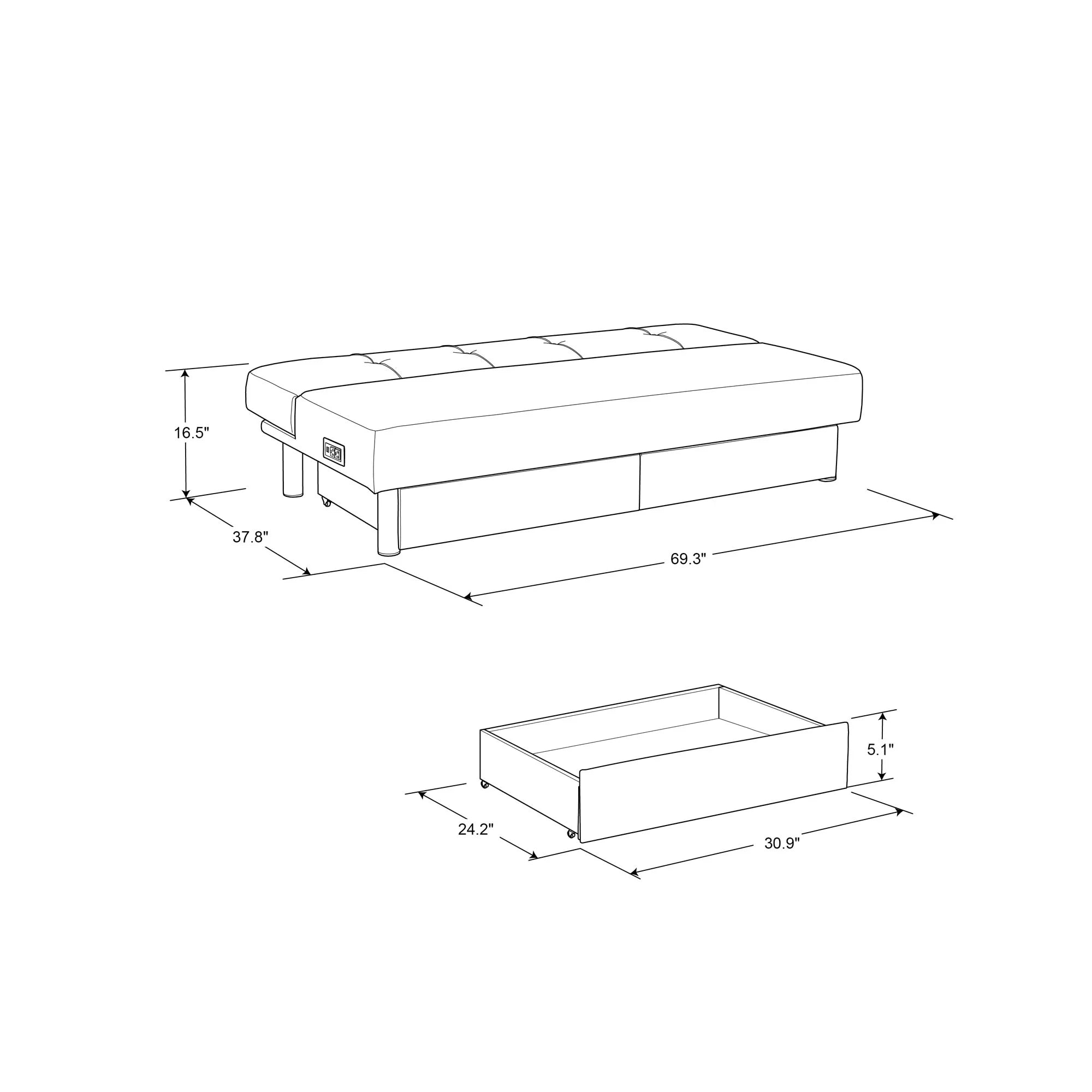 Serta Windsor Futon with Storage and Power; Gray Fabric