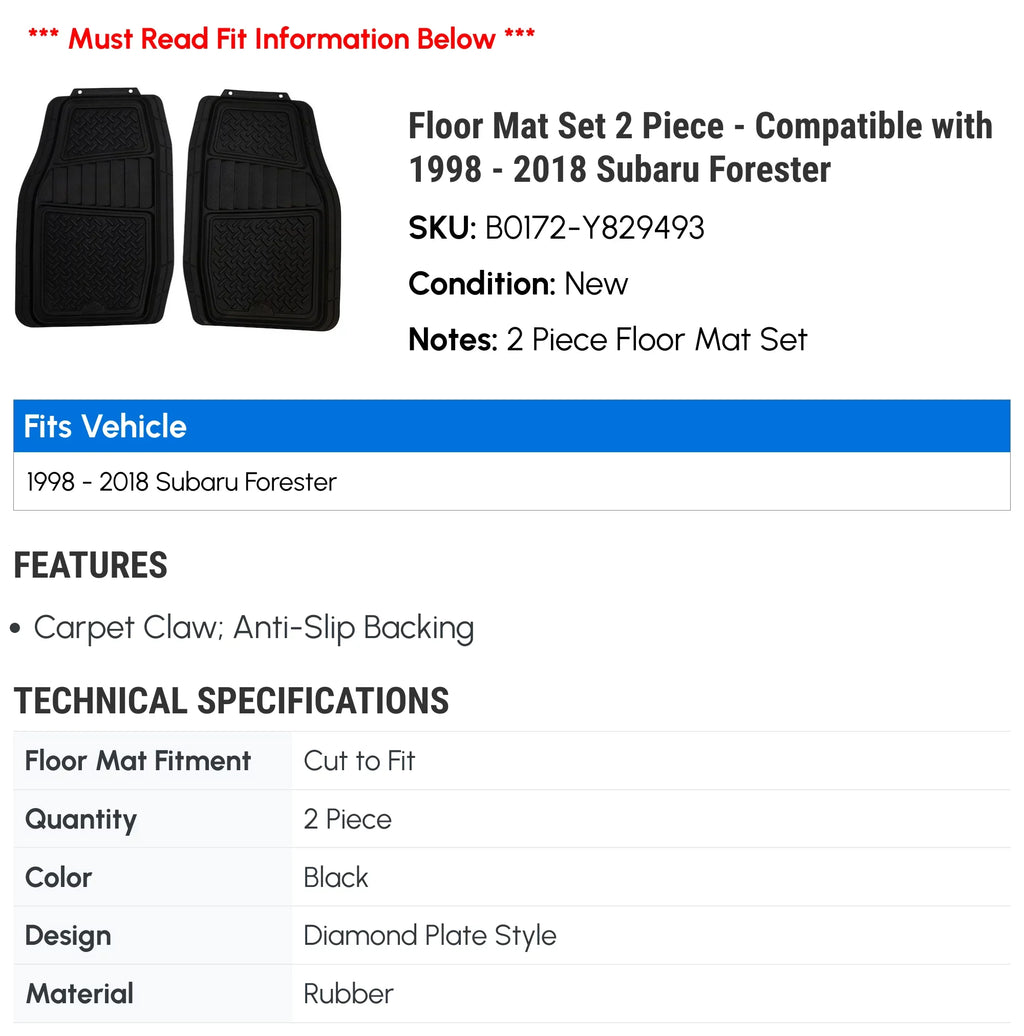 Floor Mat Set 2 Piece - Compatible with 1998 - 2018 Subaru Forester 1999 2000 2001 2002 2003 2004 2005 2006 2007 2008 2009 2010 2011 2012 2013 2014 2015 2016 2017
