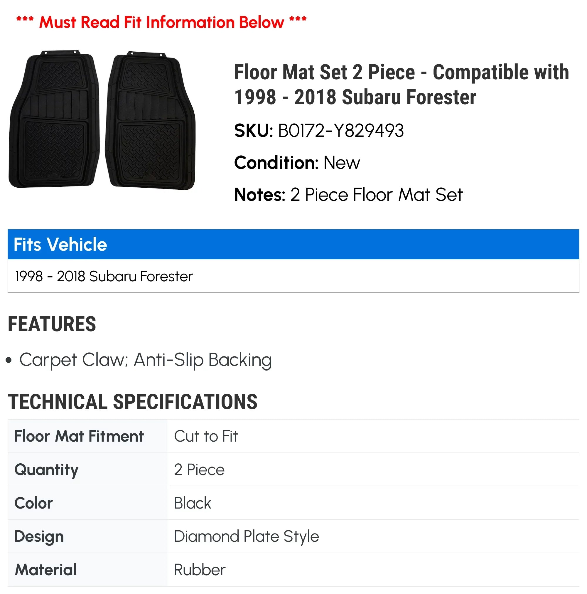 Floor Mat Set 2 Piece - Compatible with 1998 - 2018 Subaru Forester 1999 2000 2001 2002 2003 2004 2005 2006 2007 2008 2009 2010 2011 2012 2013 2014 2015 2016 2017