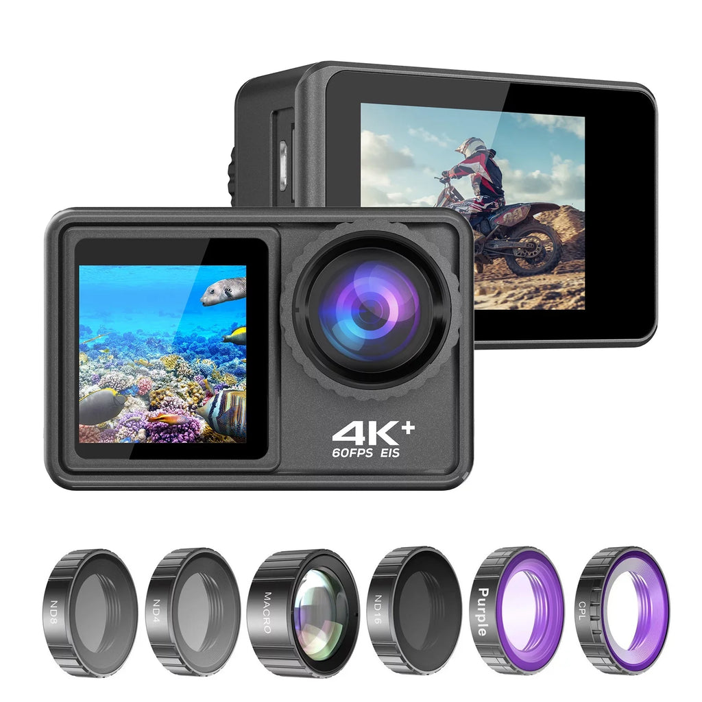 4K 24MP Dual Screen Sport Camera DV Camcorder 2.0 foot Screen 170° Wide Angle EIS 40m Liquidproof WiFi with Macro CPL ND4 8 16 Purple Lens for Outdoor Sports