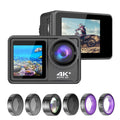 4K 24MP Dual Screen Sport Camera DV Camcorder 2.0 foot Screen 170° Wide Angle EIS 40m Liquidproof WiFi with Macro CPL ND4 8 16 Purple Lens for Outdoor Sports