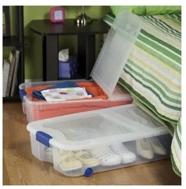 4-Pack Under Bed Plastic Storage Bin Unit Boxes Are Containers For Clothes; Books; Diapers; Shoes; Linen. Office Supplies; Camping; RV; Pantry Foods 66 Quart Capacity