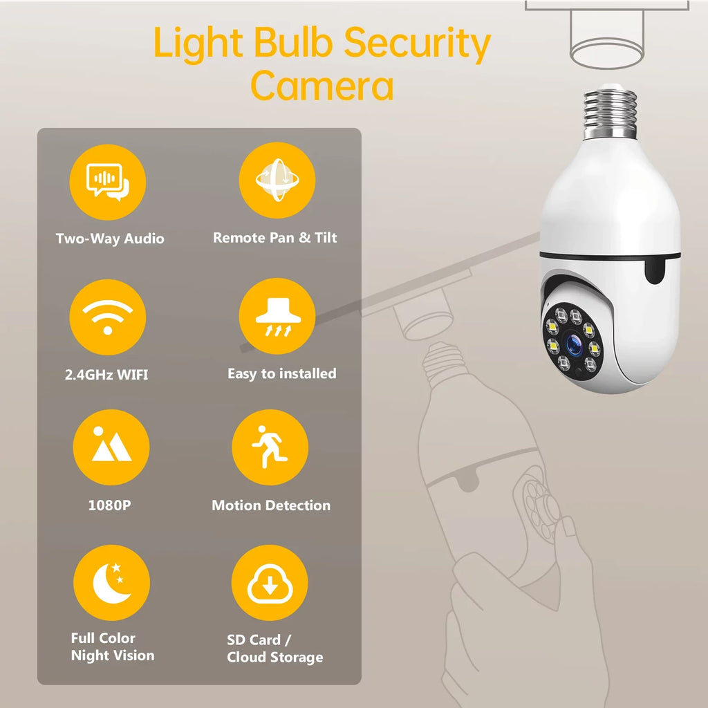 TOGUARD E27 1080P Light Bulb Camera 2.4G Wifi Dome Security Camera Wireless Outdoor; 2-Way Audio Color Night Vision 360° IP Camera with Motion Detection Remote Access (2PCS)