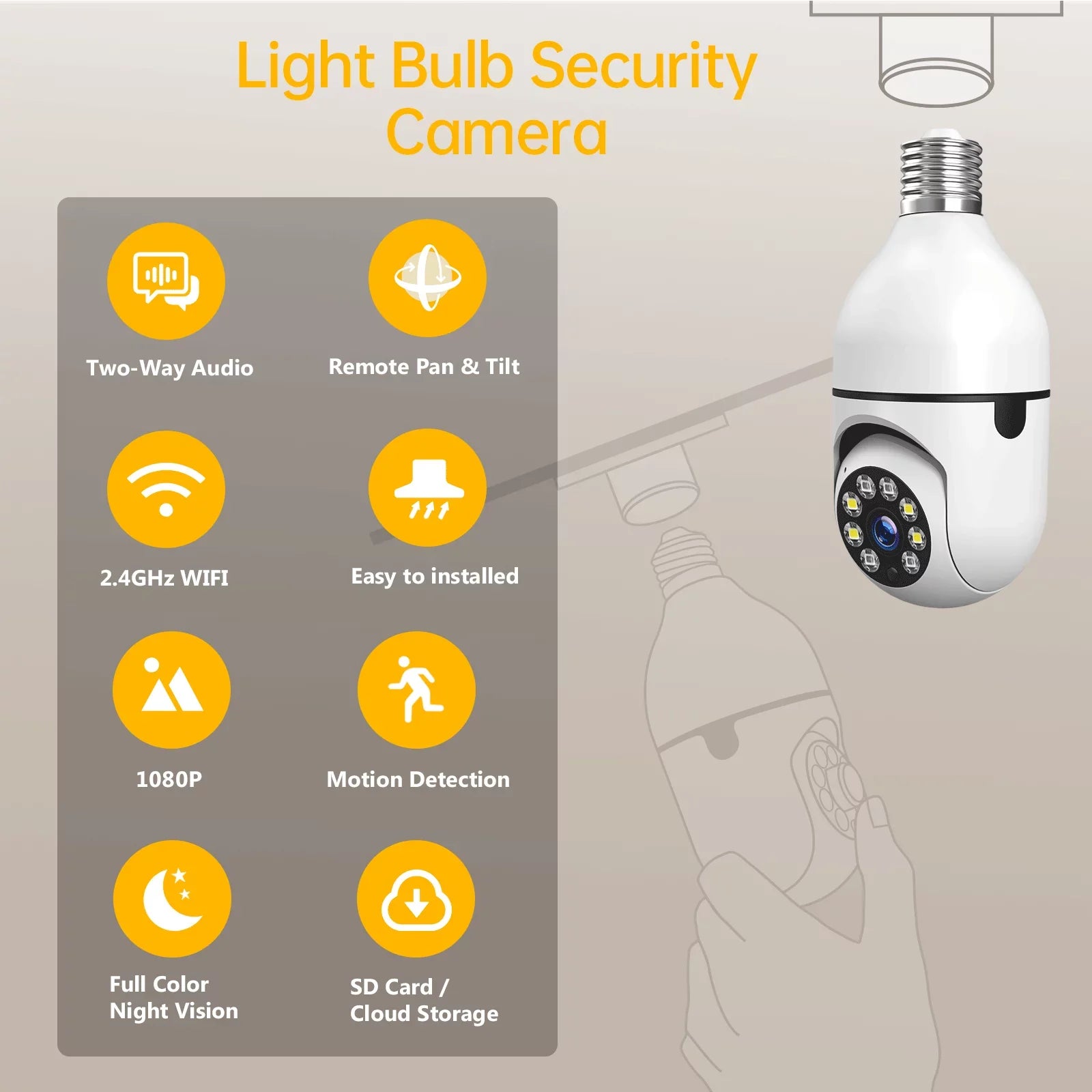 TOGUARD E27 1080P Light Bulb Camera 2.4G Wifi Dome Security Camera Wireless Outdoor; 2-Way Audio Color Night Vision 360° IP Camera with Motion Detection Remote Access (2PCS)