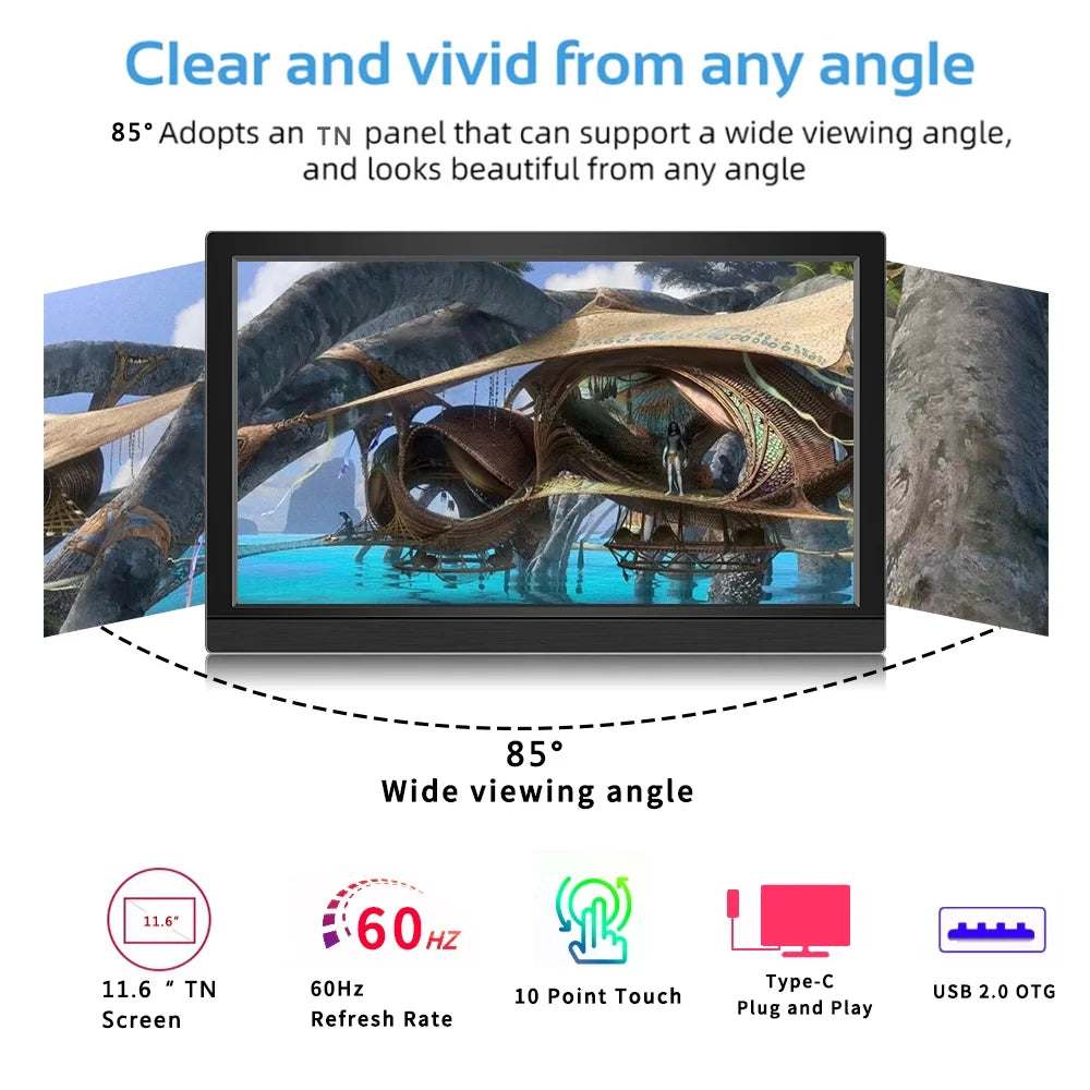 Protable Monitor 11.6 foot 1366x768 60Hz TouchScreen Compture Monitor For PC Gamer PS4 XBOX Stick Switch Raspberry PI Display