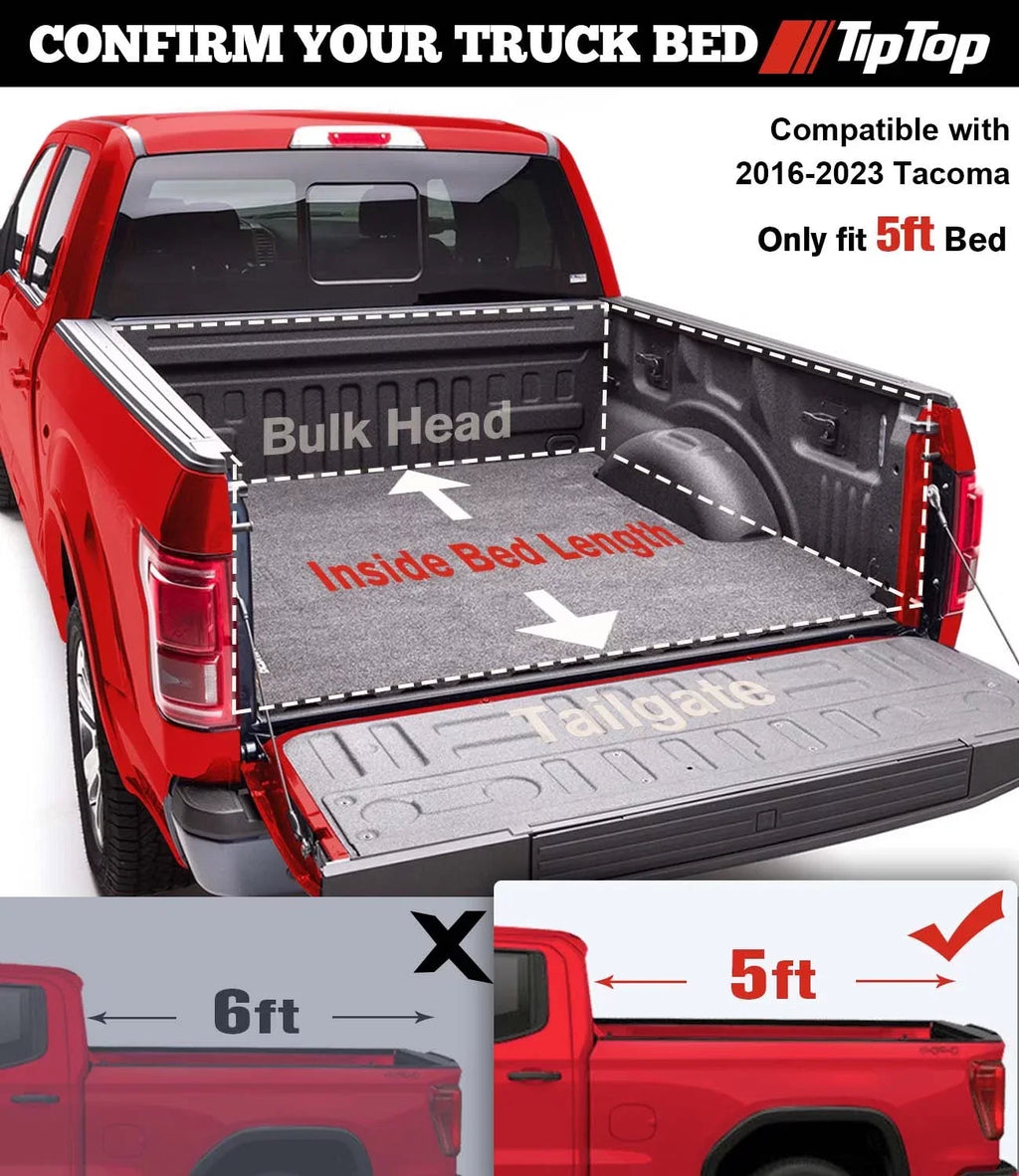 Tiptop Soft Folding Tonneau Cover Truck Bed For 2016-2023 Toyota Tacoma 5ft Bed (60.5") | TPX3 |For Models With or Without The Deck Rail System|
