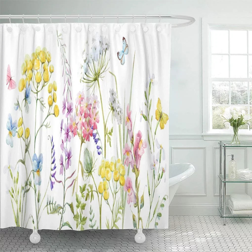 CYNLON Liquidcolor Wildflowers Tansy Yellow Buttercup Blue Pansies Tender Pink Bathroom Decor Bath Shower Curtain 66x72 inch
