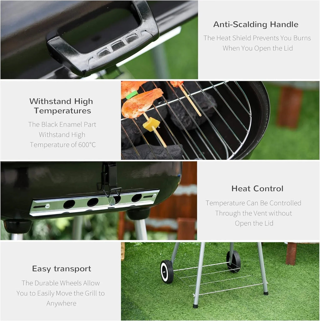 Portable Charcoal Grill with Foldable Side Shelf and Bottom Shelf; BBQ Smoker with Wheels and Adjustable Vents on Lid for Picnic Camping Backyard Cooking; Black