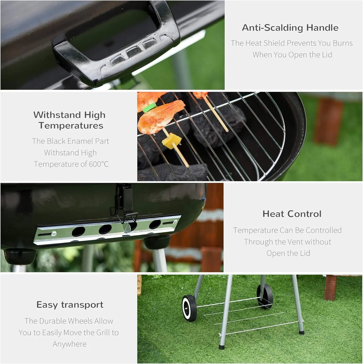 Portable Charcoal Grill with Foldable Side Shelf and Bottom Shelf; BBQ Smoker with Wheels and Adjustable Vents on Lid for Picnic Camping Backyard Cooking; Black