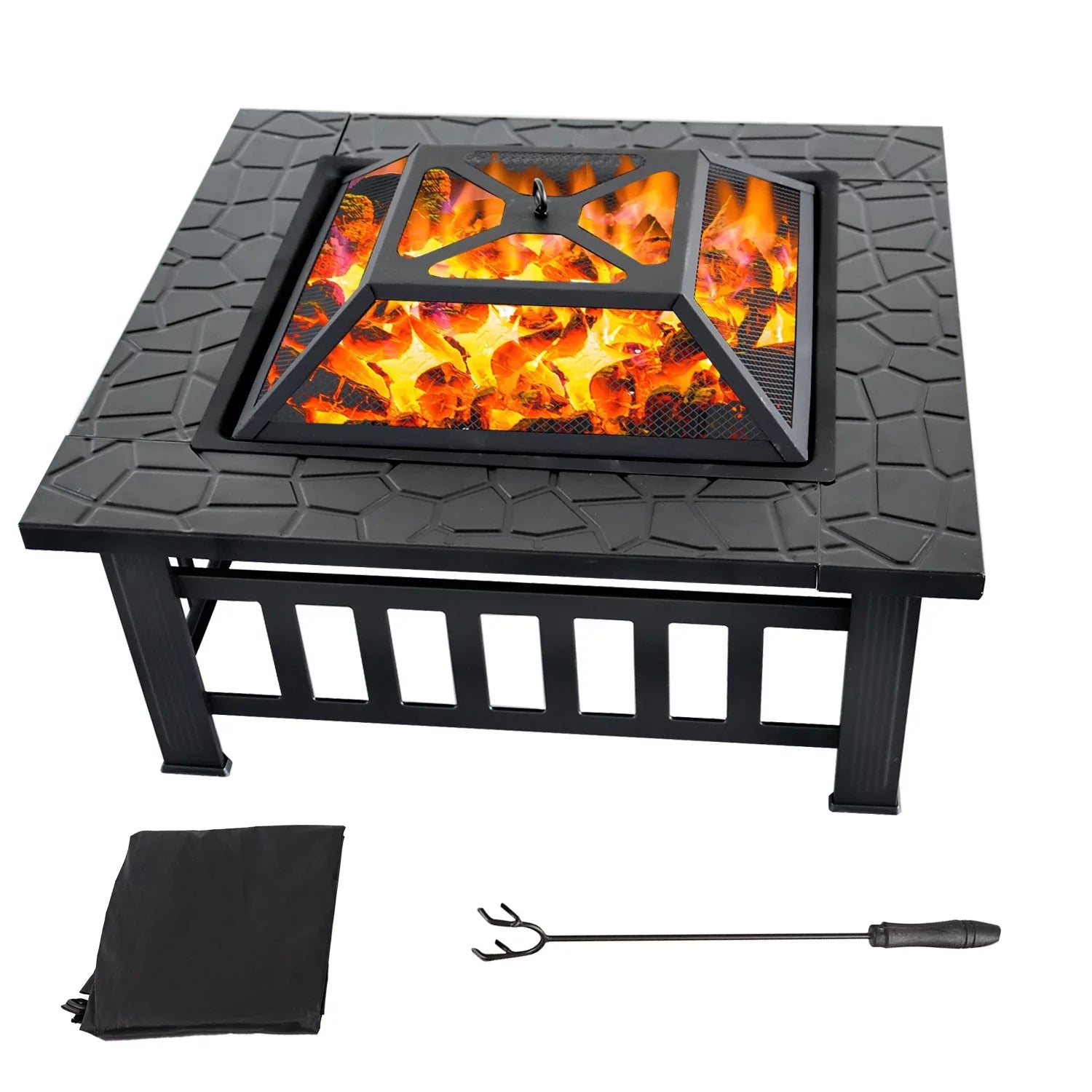 GSE Games & Sports Expert 32" Heavy Duty Square Patio Wood Fire Pit Table with Spark Screen Cover; Log Grate; Liquidproof Cover and Fire Poker for Outdoor Backyard; Garden; Bonfire