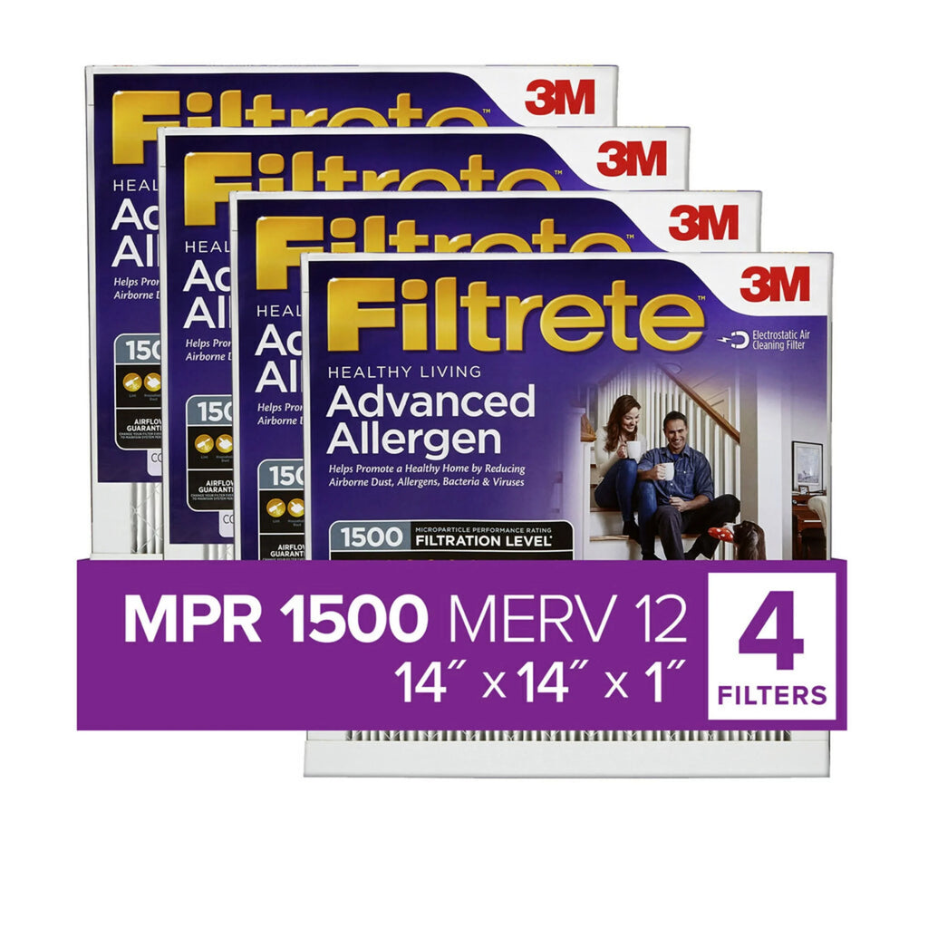 Filtrete 14x14x1 Air Filter; MPR 1500 MERV 12; Advanced Allergen Reduction; 4 Filters