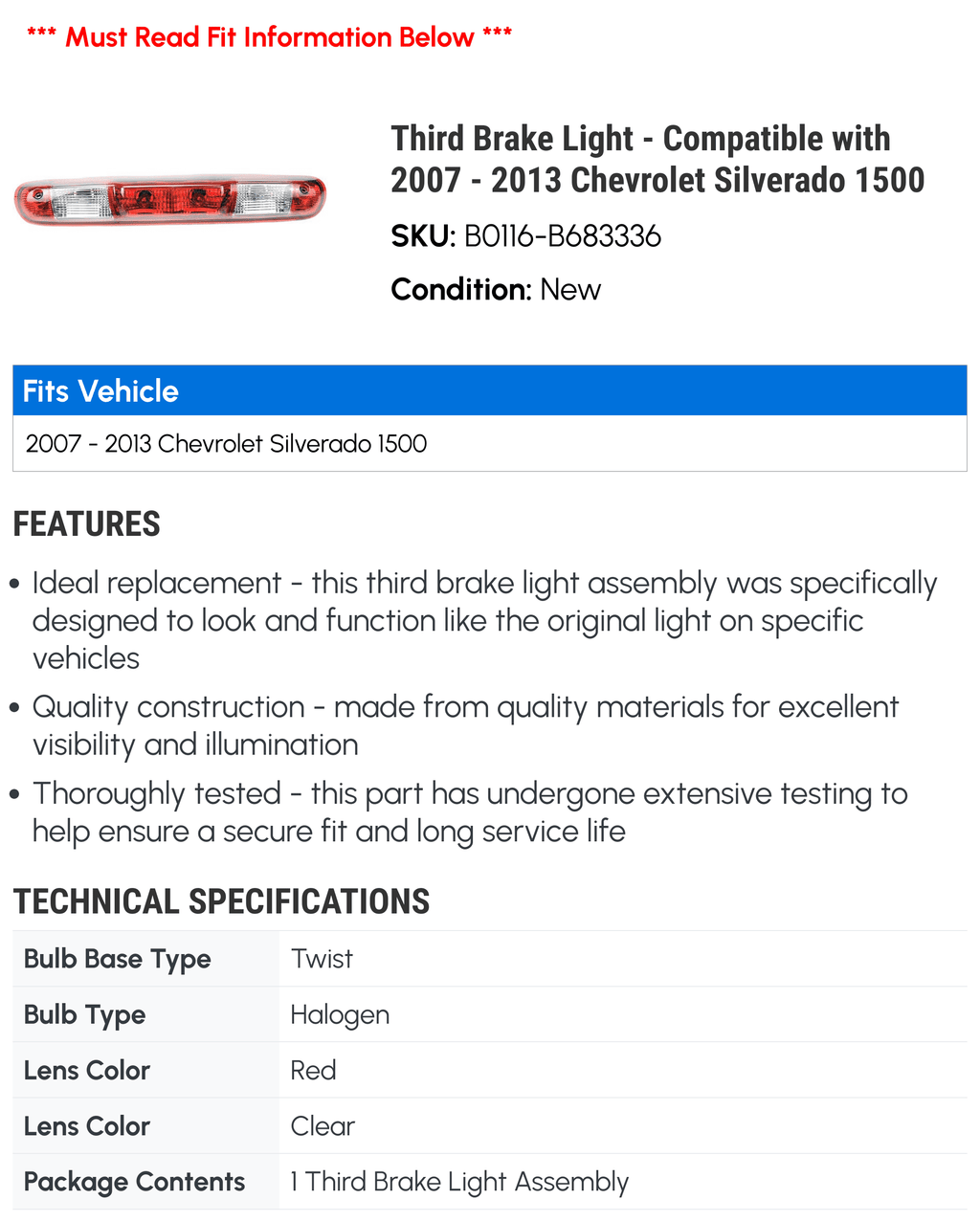 Third Brake Light - Compatible with 2007 - 2013 Chevy Silverado 1500 2008 2009 2010 2011 2012