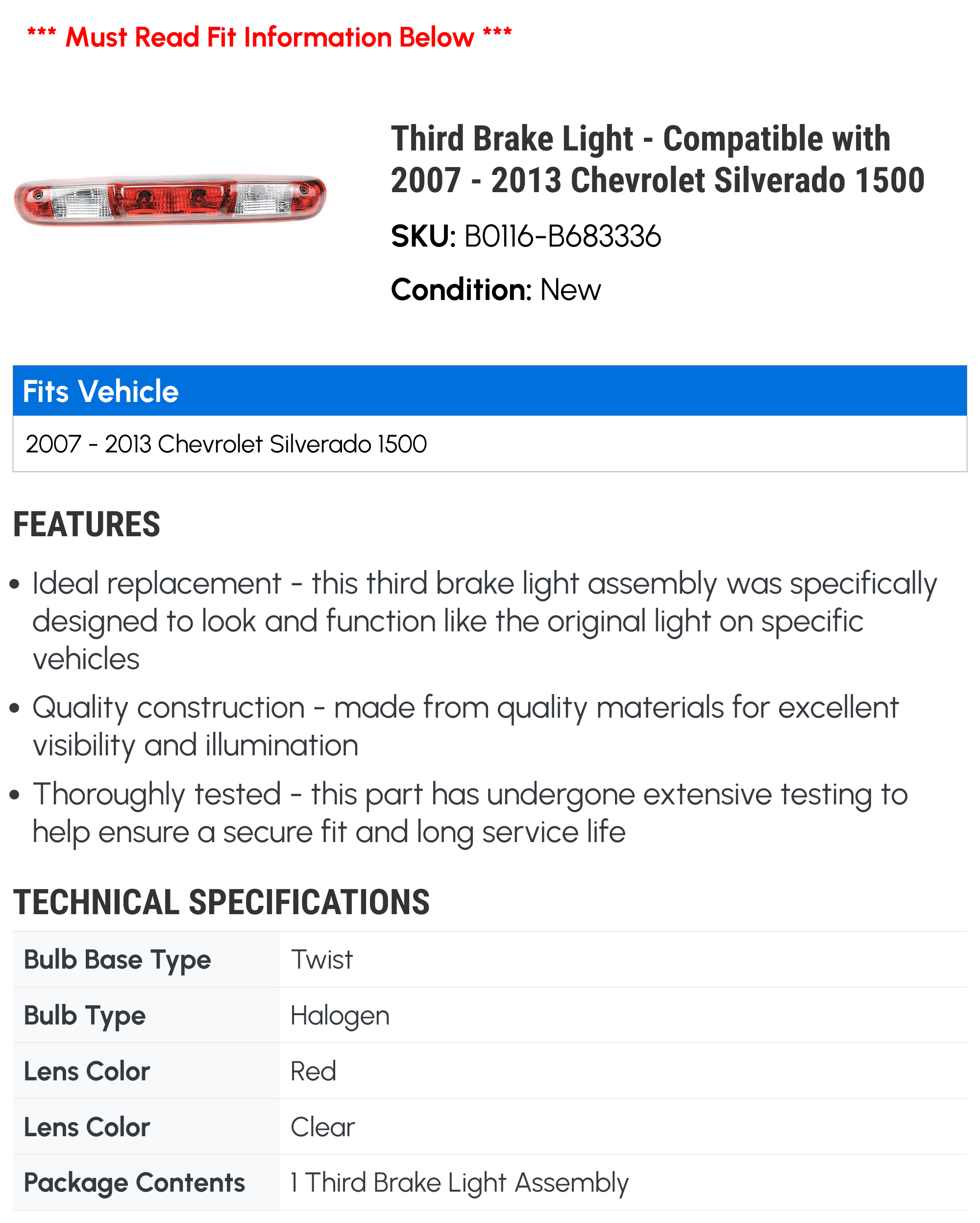 Third Brake Light - Compatible with 2007 - 2013 Chevy Silverado 1500 2008 2009 2010 2011 2012