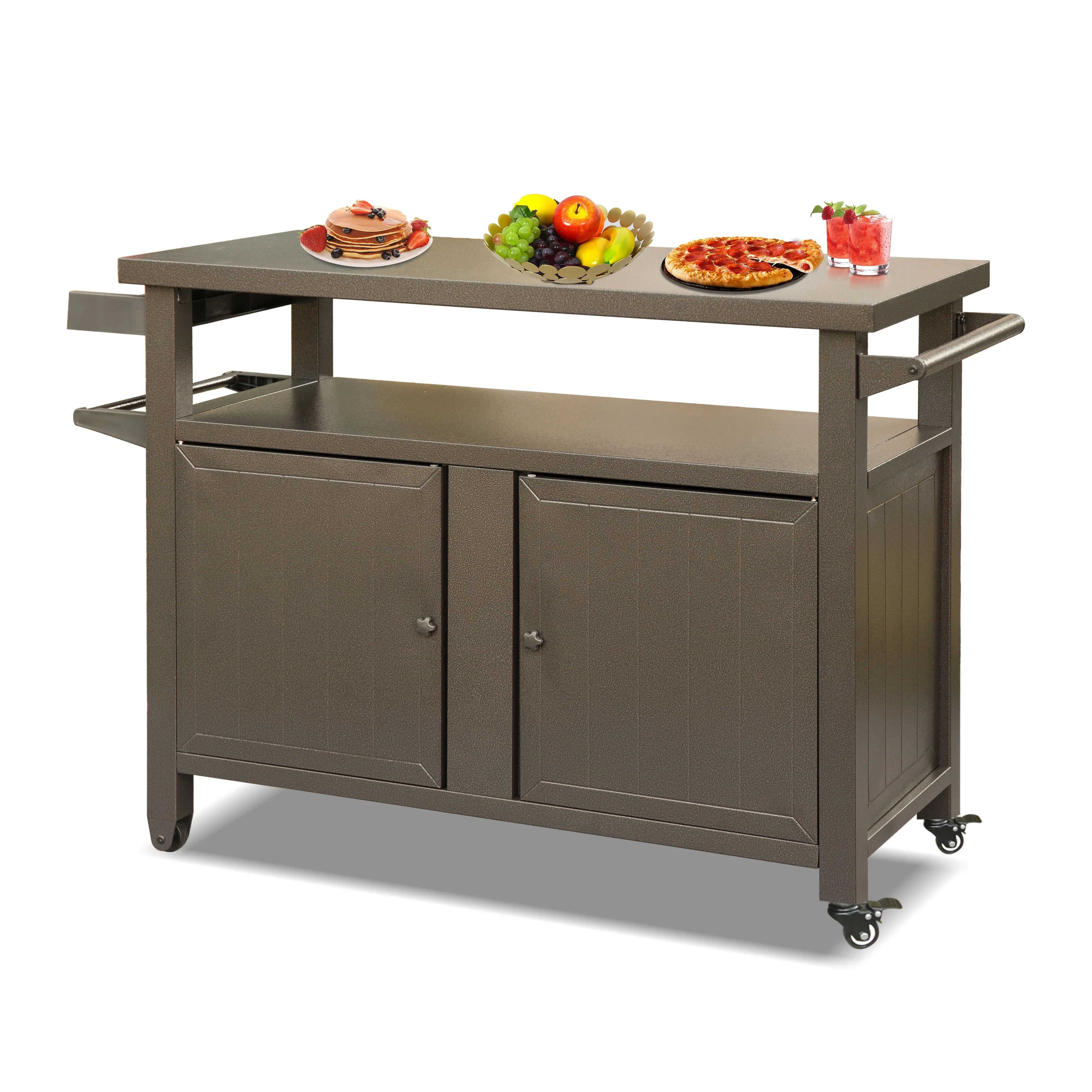 Homiyad Grill Carts Outdoor Storage Cabinet with Wheels; Metal Outdoor Grill Table Kitchen Dining Table Cooking Prep BBQ Table for Patio; Kitchen Island; Home Party; Bar (Brown)
