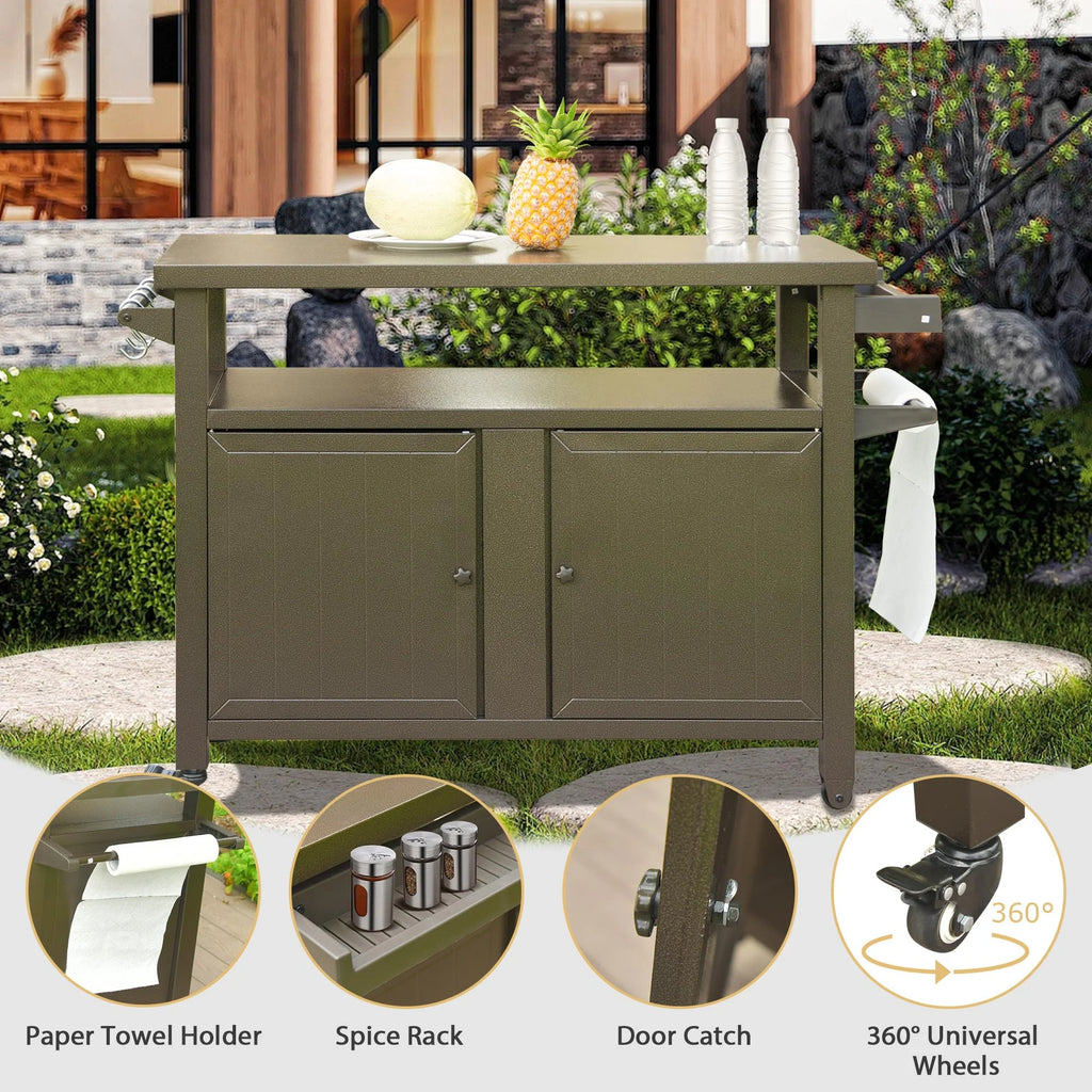 Homiyad Grill Carts Outdoor Storage Cabinet with Wheels; Metal Outdoor Grill Table Kitchen Dining Table Cooking Prep BBQ Table for Patio; Kitchen Island; Home Party; Bar (Brown)