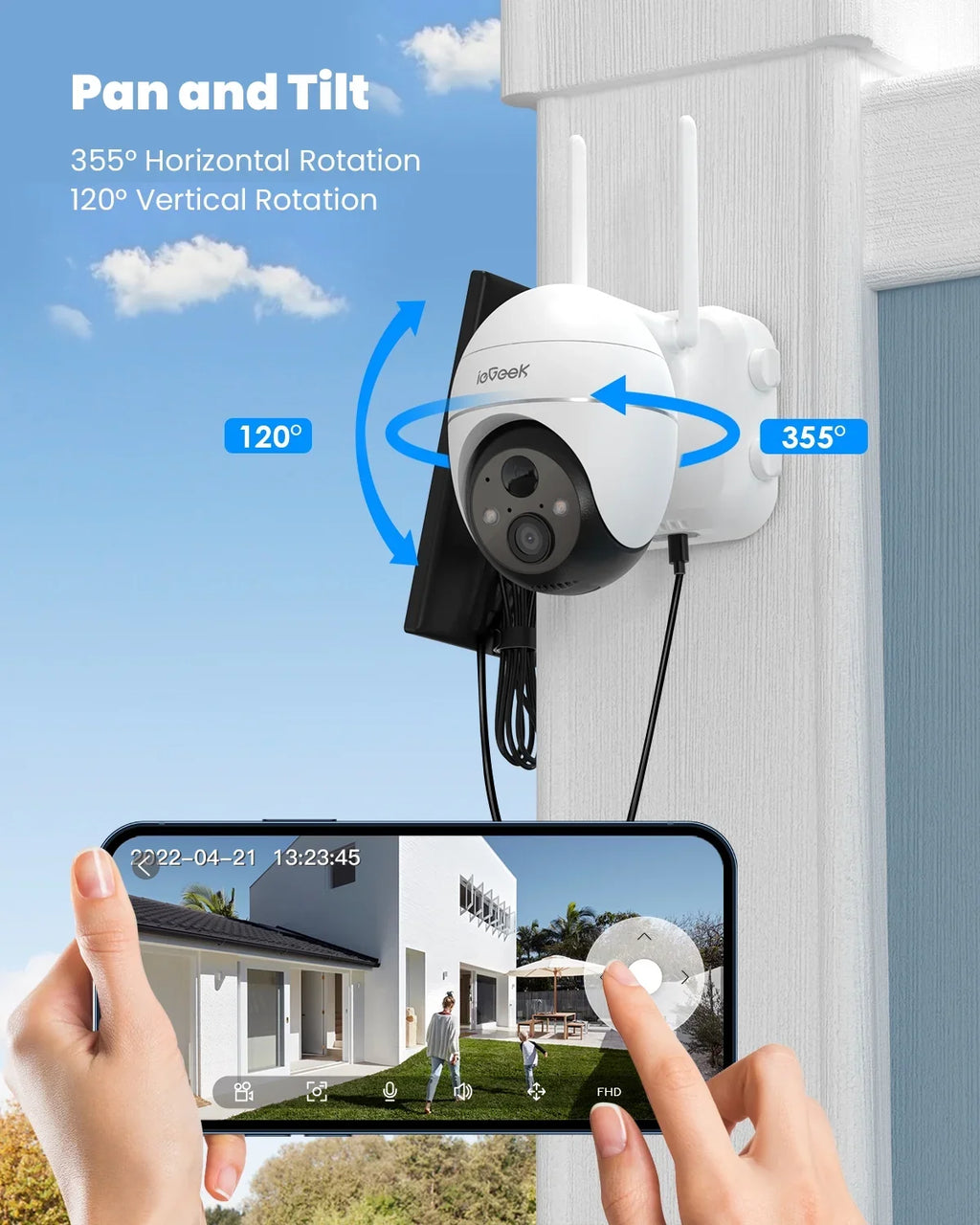 360° View PTZ Solar Security Cameras Wireless WiFi Outdoor; PIR Motion Detection; 2K/3MP Spotlight; Color Night Vision; Battery Powered Outdoor Solar Home Surveillance Camera; Work with Alexa