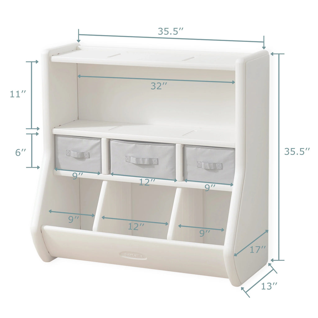 The Montessori Toy Storage Organizer by Fortella; with Bookshelf; Display Shelf; 3 Large Bins; and 3 Removable Drawers; Made of BPA and Formaldehyde FREE HDPE; Safe and Modern Toy Box Cabinet for Kids