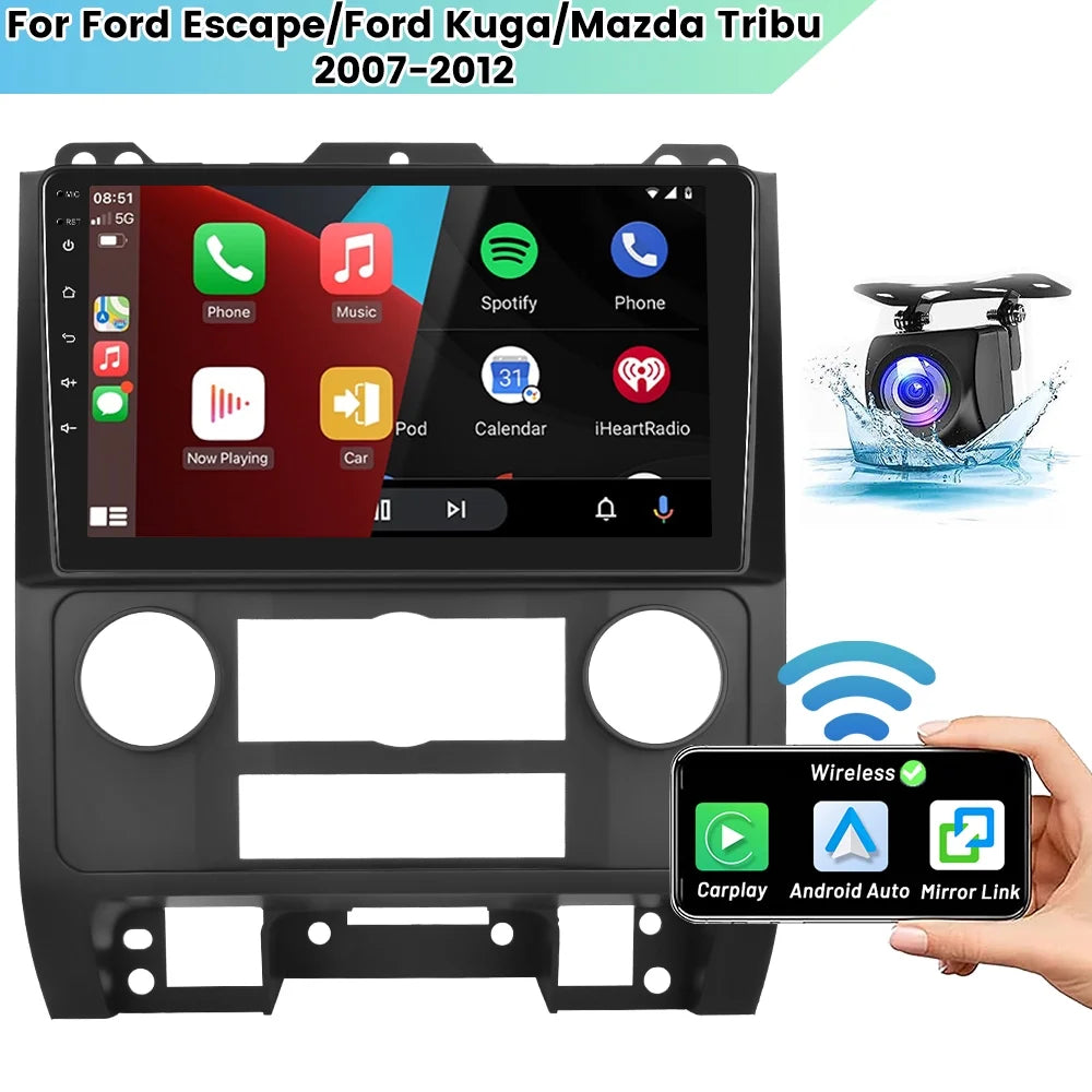 Podofo 2+64G Android 13 for Ford Escape/Ford Kuga/Mazda Tribu 2007-2012 Wireless Carplay Android Auto Mirror Link 9'' Touchscreen Car Stereo Radio WIFI GPS FM Bluetooth Hifi; AHD Backup Camera