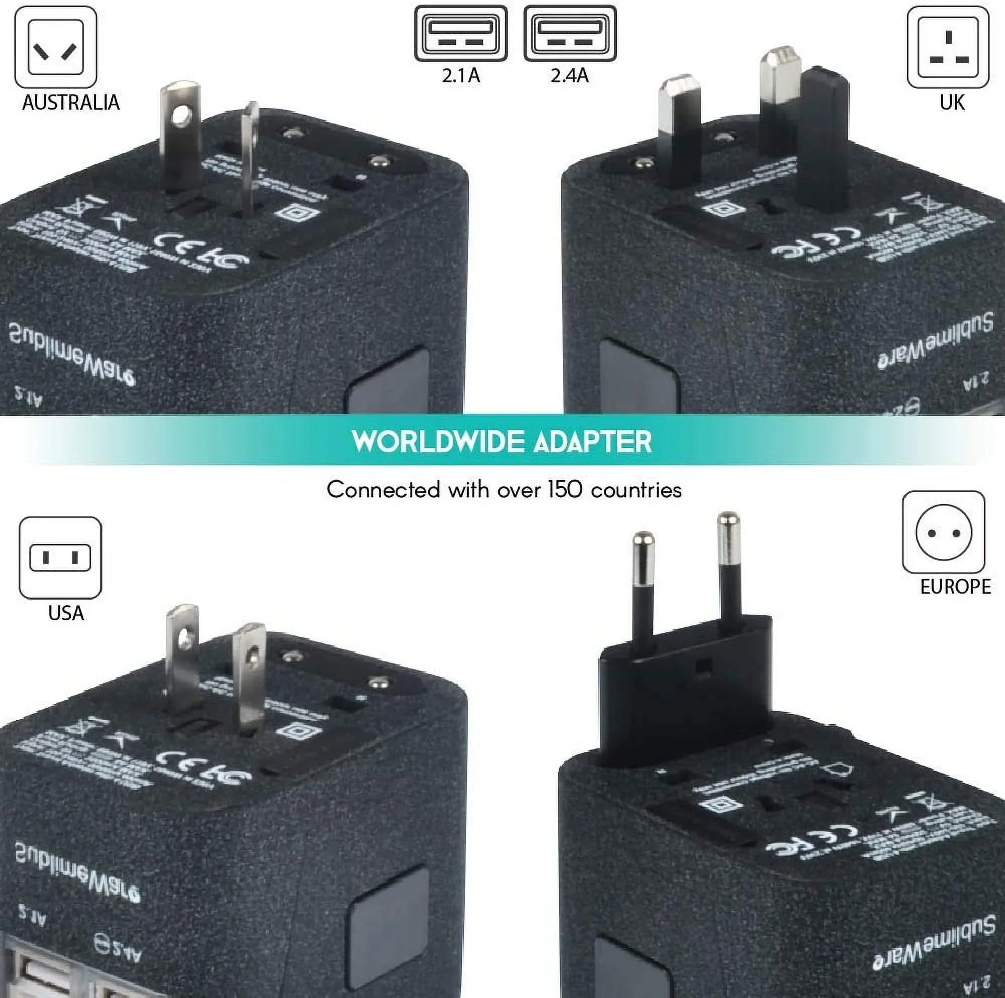 International Power Adapter for Travel (SandBlack) - 4 USB European Plug Adapter for 150+ Countries - for Europe UK America China Ireland Italy - Smart Charging 2.4A Travel Adapters by Sublimeware