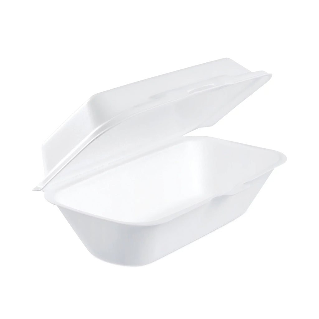 Dart Foam Hinged Lid Container; Hoagie Container with Removable Lid; 5.3 x 9.8 x 3.3; White; 125/Bag; 4 Bags/Carton -DCC99HT1R