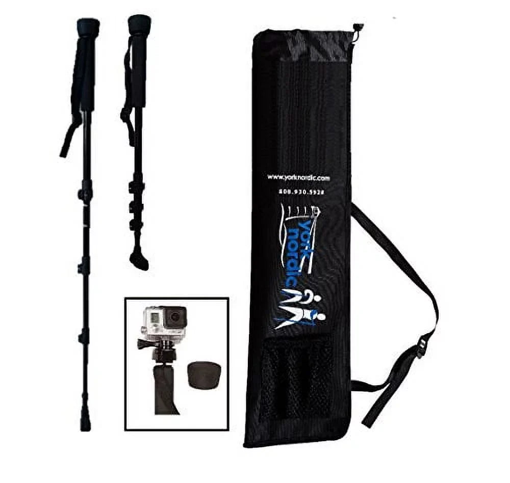 York Nordic Collapsible Trekking & Hiking Poles with Digital Camera Mount; Flip Locks; and Rubber Feet; Pair