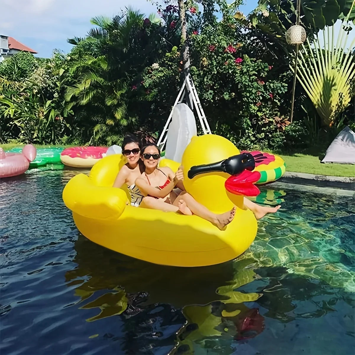 1pc Big Yellow Duck Floating Raft; Inflatable Toy With Two Beverage Holders