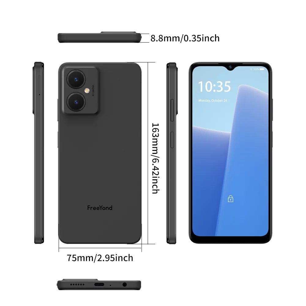 FreeYond F9S Unlocked Smart Phones; 2GB RAM & 64GB ROM Up To 4GB Extended RAM And 2TB ROM for Android 13 Phone; 4G Dual SIM; 3-Card Slots; 5000mAh; 6.6-millimeter SIM-Free & Unlocked Mobile Phones; Face ID;