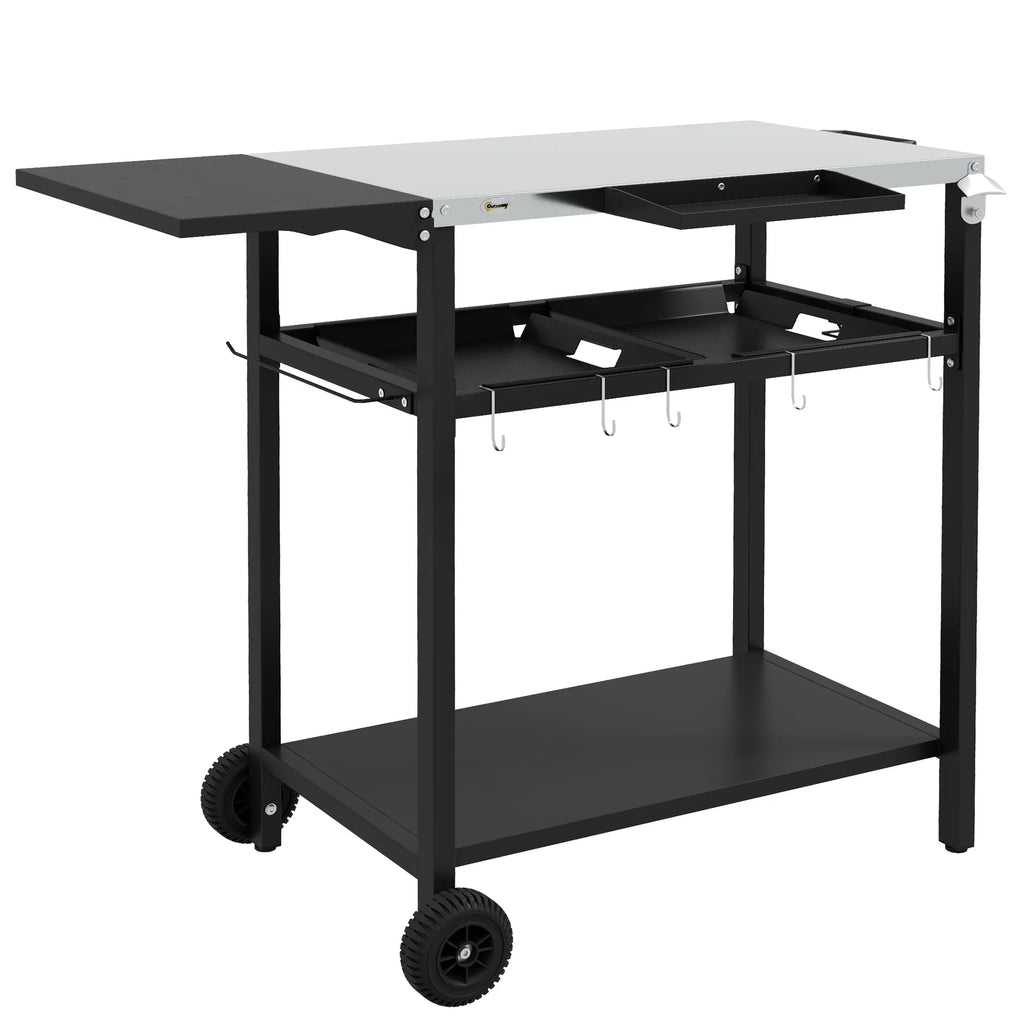 Outdoor Bar Cart with Stainless Steel Tabletop; Kitchen Island with Wheels; 2 Tiers & Seasoning Shelf; Patio Serving Cart with Hooks; Towel & Garbage Bag Holder; Plates & Spice Jars; Black
