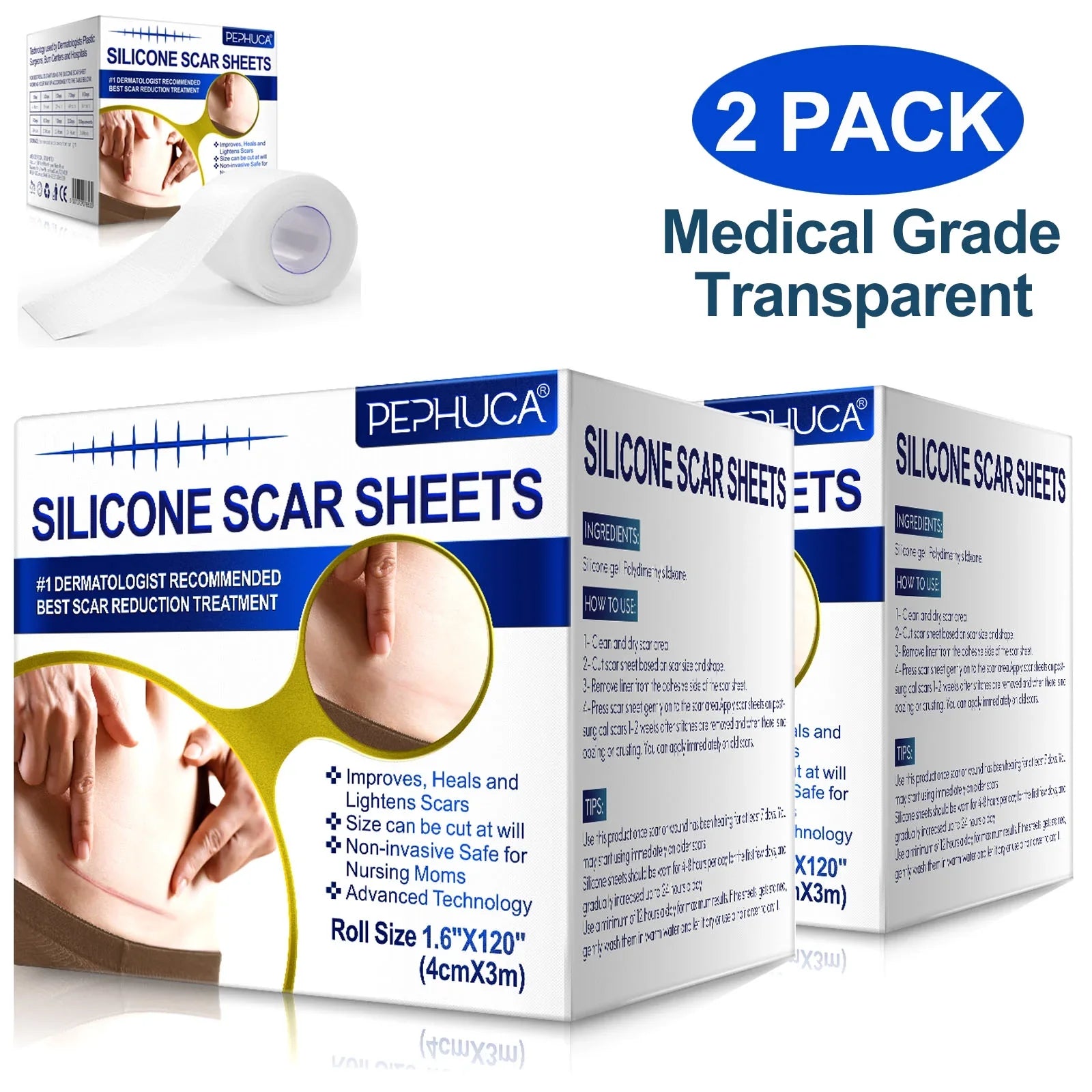Pephuca Medical Grade Silicone Scar Sheets;Reusable and Breathable Silicone Gel Tape for Scar Removal;120inch x 1.6inch Roll Reusable 6 Months Supply;Transparent - 2 Pack