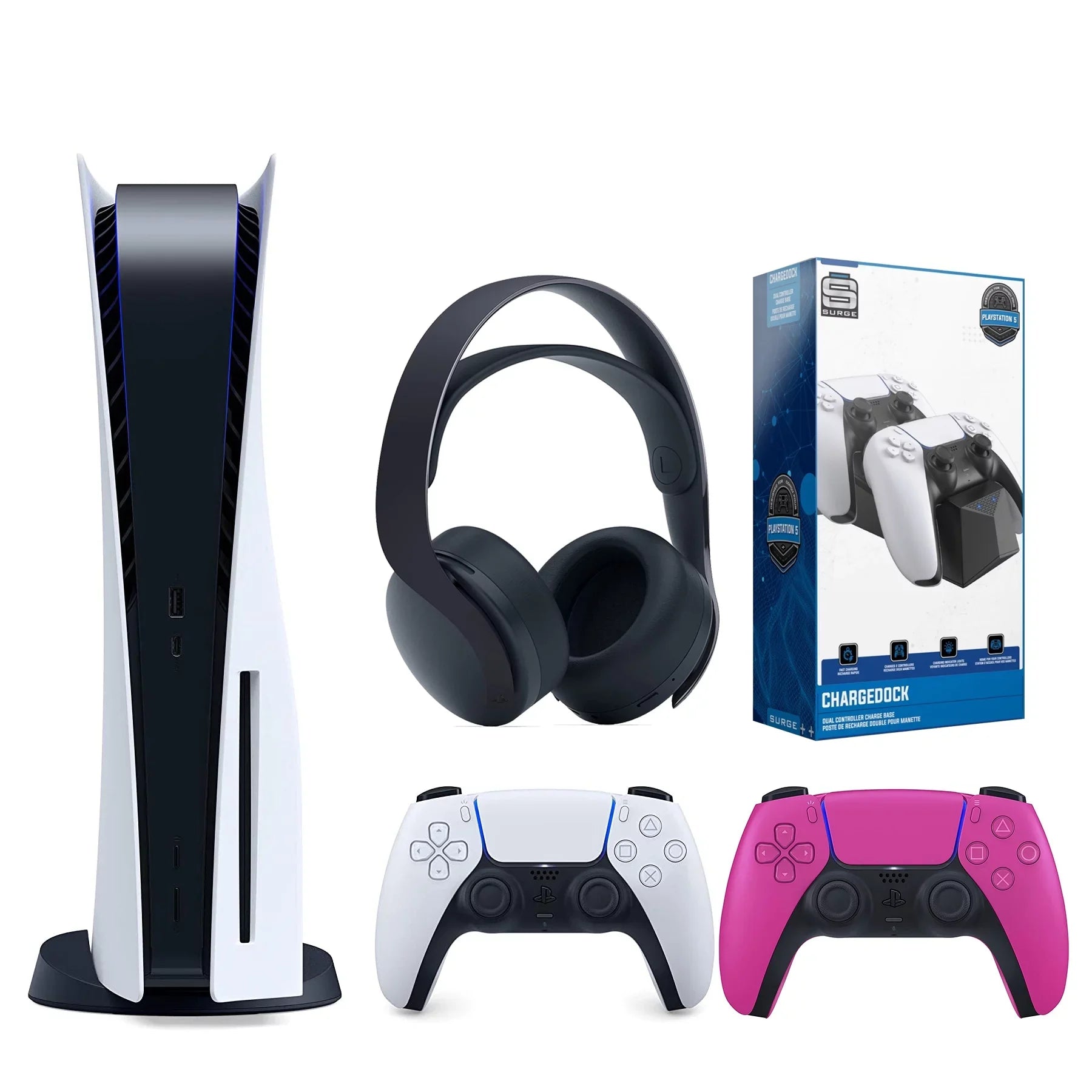 Sony Playstation 5 Disc Version (Sony PS5 Disc) with Extra Nova Pink Controller; Black PULSE 3D Headset and Dual Charging Station Bundle