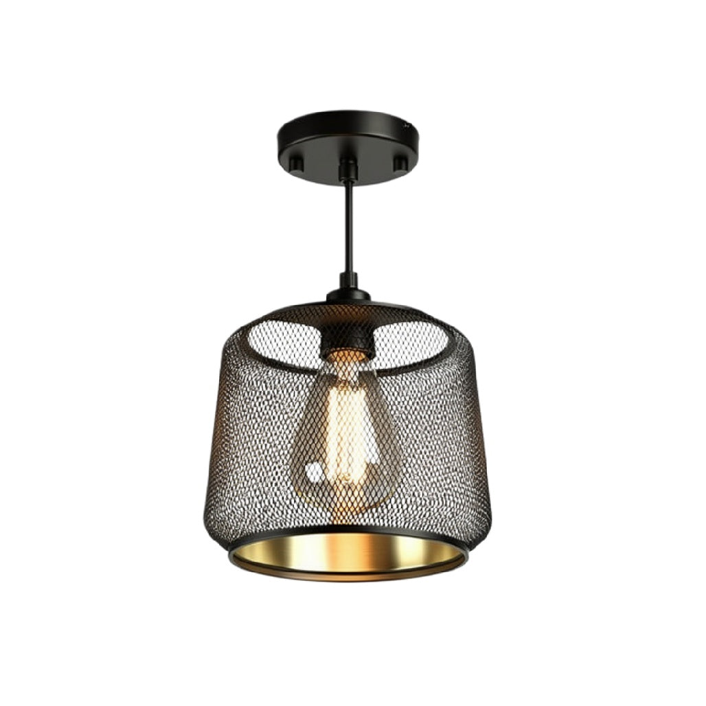 **Moderne houten hanglamp met metalen gaas en gouden binnenkant**
