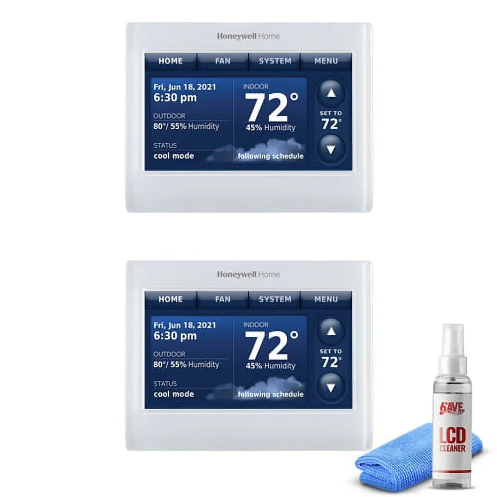2-Pack Honeywell THX9421R5021WW 2 Wire IAQ High Definition Touch Screen Thermostat with Red LINK Technology -White + LCD Cleaner