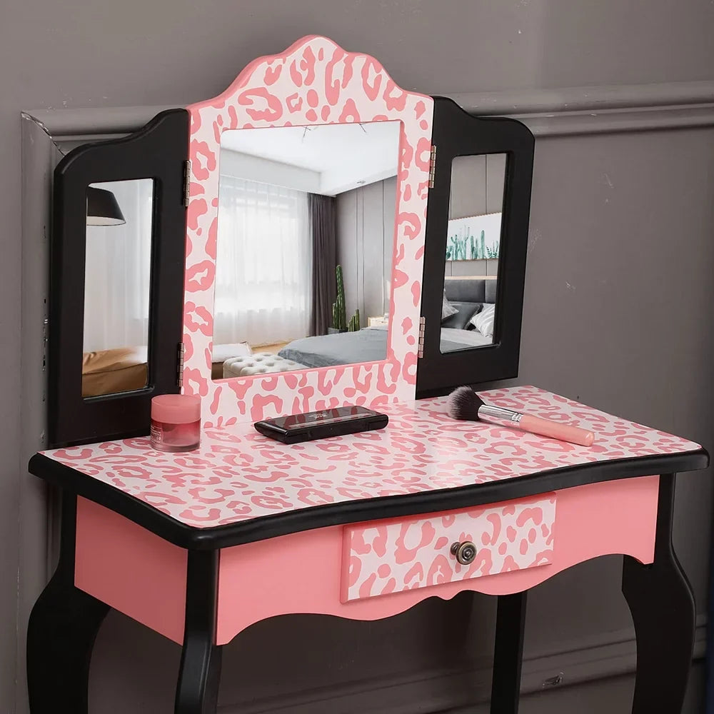 Topcobe Vanity Table Set with Mirror for Girls; 2 Drawers Makeup Table with Removable Desk Makeup Organizer; Pink Bedroom Dressing Table with Vanity Stool