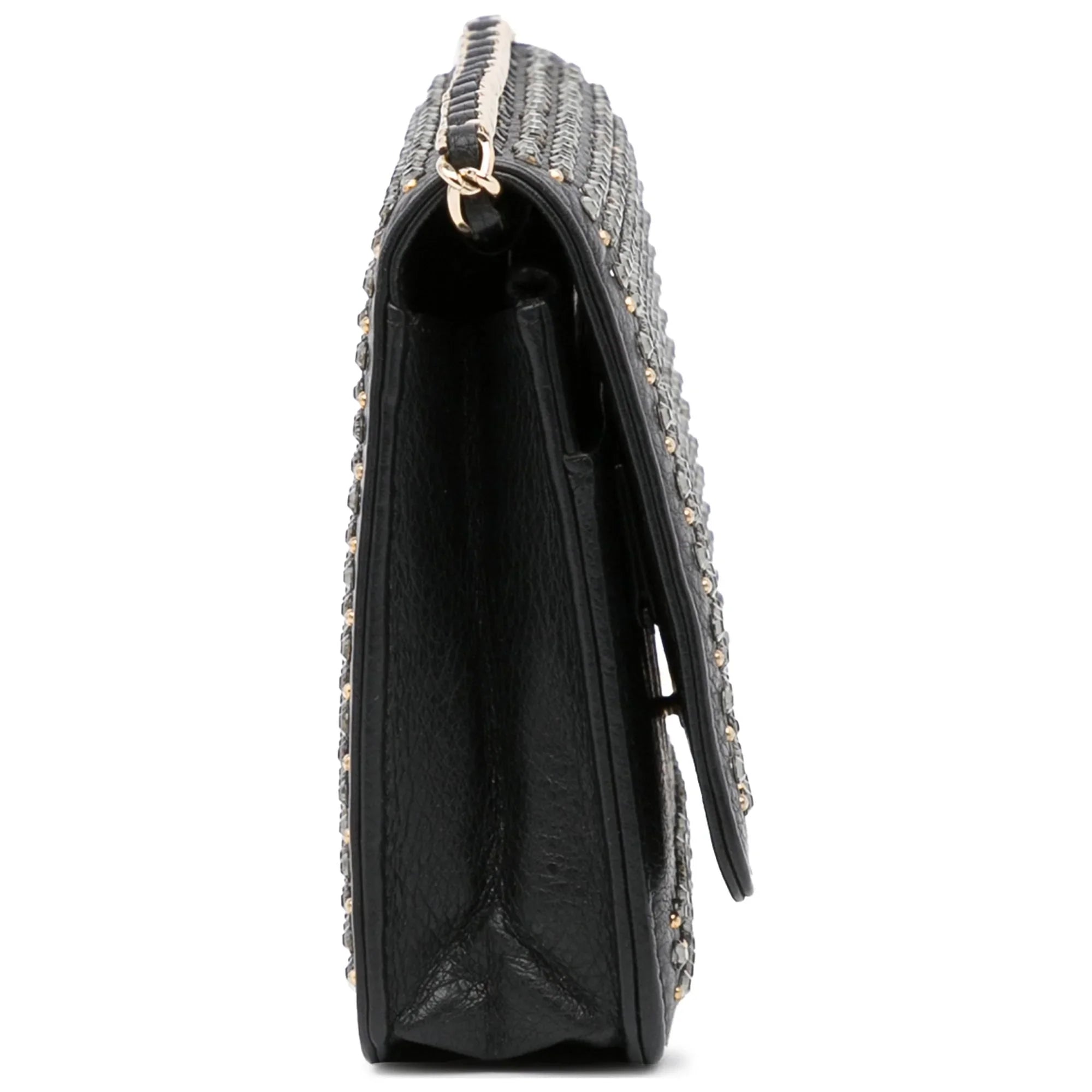 Pre-Owned Authenticated Chanel Studded Wallet on Chain Calf Leather Black Crossbody Bag Unisex (Good)