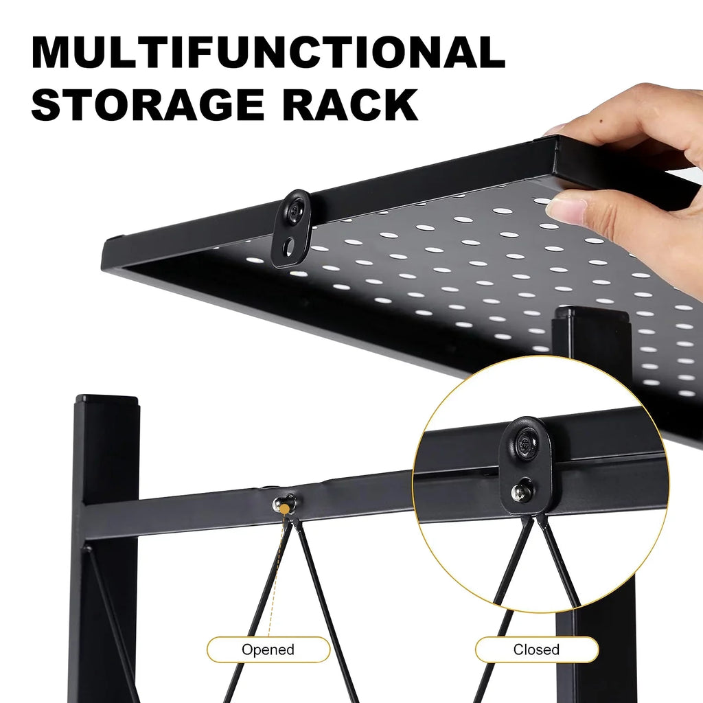 4-Tier Foldable Storage Shelf with Wheels - Metal Collapsible Shelving Unit Display; Rolling Cart for Books Kitchen Storage Shelves; Pantry & Closet Organizer; Office Room Decor - Black