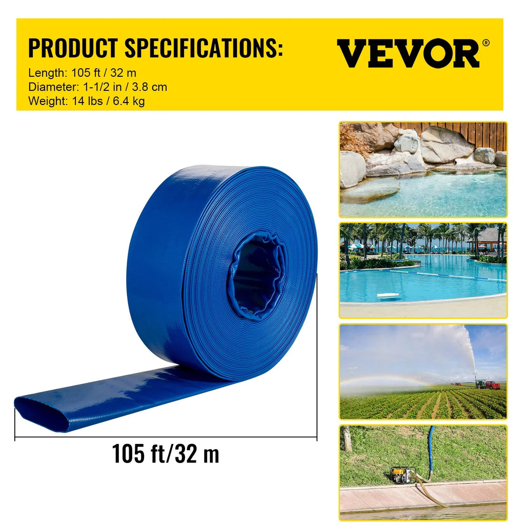 VEVOR Discharge Hose; 1-12" x 105'; Fabric Lay Flat Hose; Heavy Duty Backwash Drain Hose with Clamps; Weather-proof & Burst-proof; Ideal for Swimming Pool & Transfer; Blue
