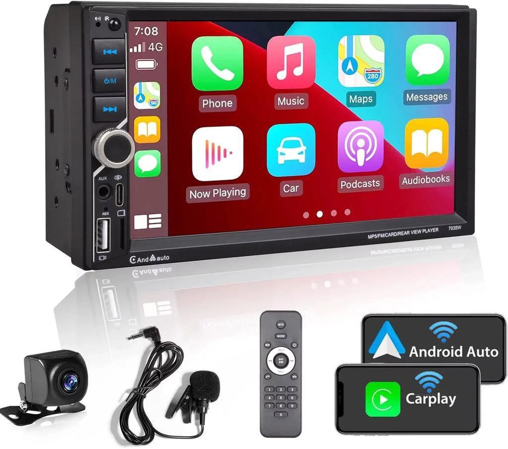 Alondy Double Din Car Stereo;Compatible with Wireless CarPlay/Android Auto;Type-C USB;7" Touchscreen;Mirror Link;Backup Camera;Bluetooth Voice Control;External Mic AUX SD DSP FM Radio Audio Receiver