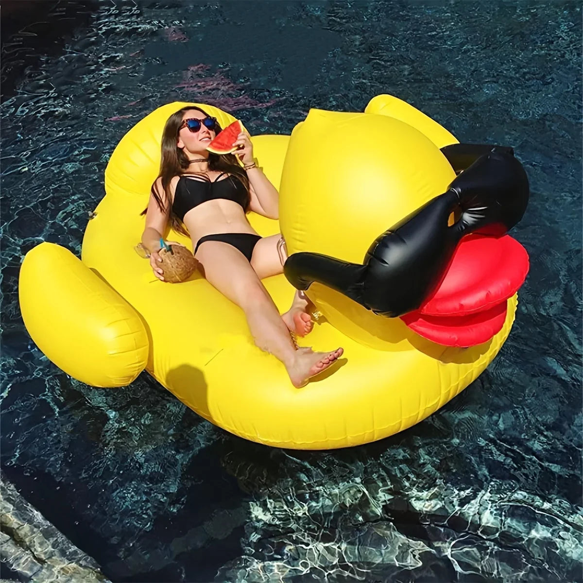 1pc Big Yellow Duck Floating Raft; Inflatable Toy With Two Beverage Holders