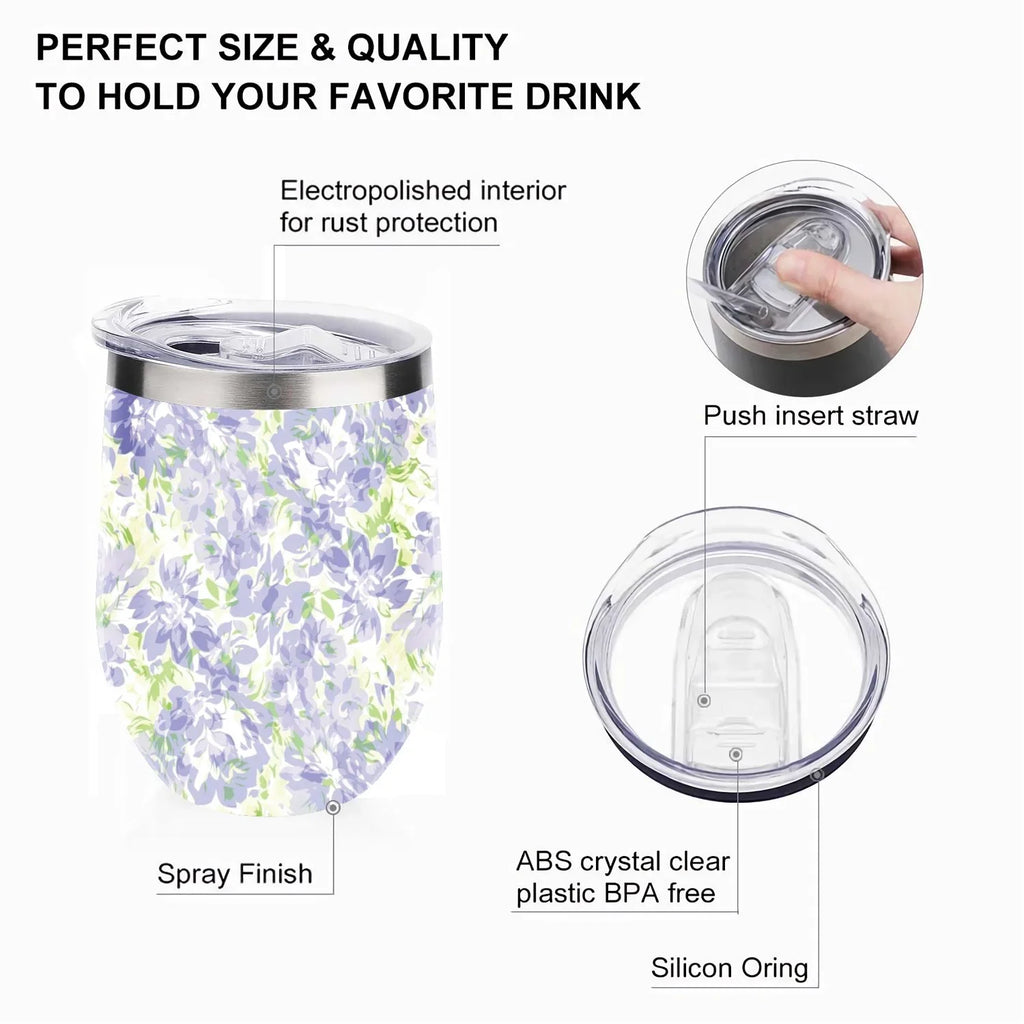 Hidove 12oz 304 Stainless Steel Vacuum Insulated Cups; Blue with Green Floral Pattern Eggshell Cup U Shape Tumbler Cups with Lid; Double Layer Insulation Wine Cup Big Belly Cup