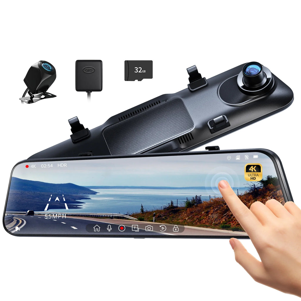 Pre-Owned Pelsee 12" 4K Mirror Dash Cam Backup Camera with Free 32GB Card & GPS; Smart Rearview Mirror for Cars & Trucks; Full HD Front and Rear View Dual Cameras; Night Vision;Parking Assistance
