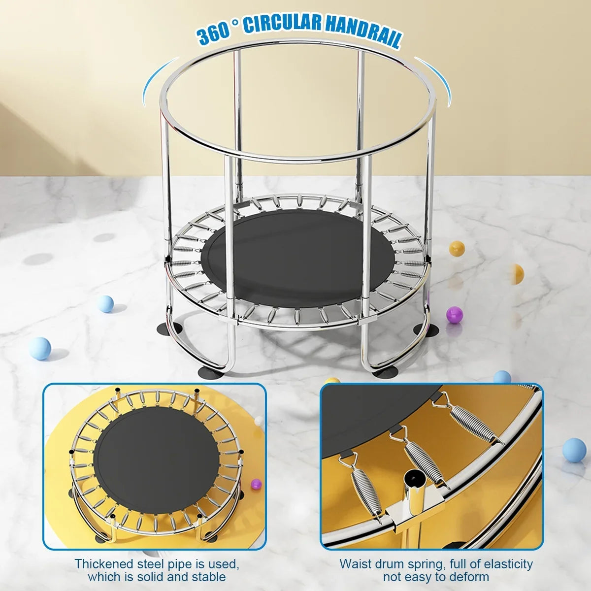 Fisca 55''Mini Trampoline for Kids; Toddler Trampoline with Basketball Hoop; Enclosure Net and Rings; Indoor Trampoline; 555lbs Load