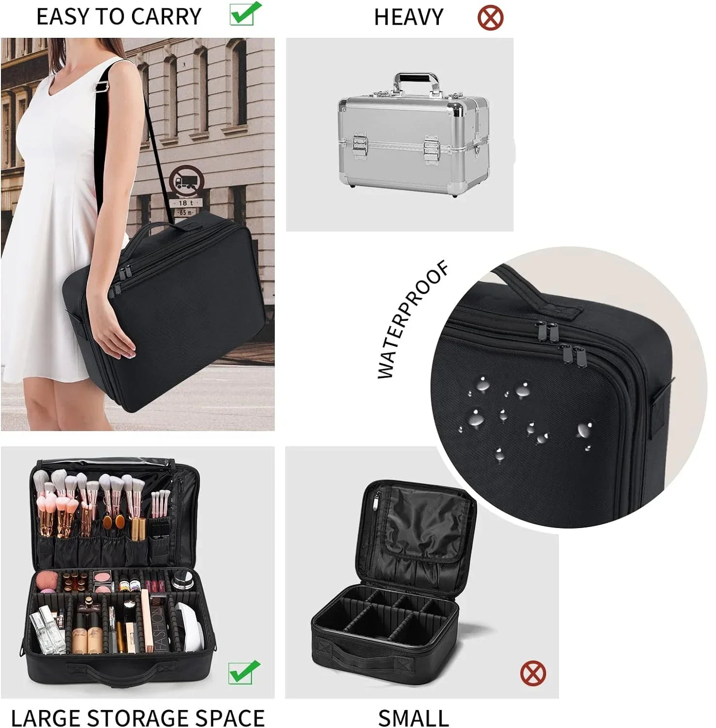 Extra Large Travel Makeup Bag Cosmetic Case Organizer Beauty Train Case with Shoulder Strap and Dividers Compartment; Black