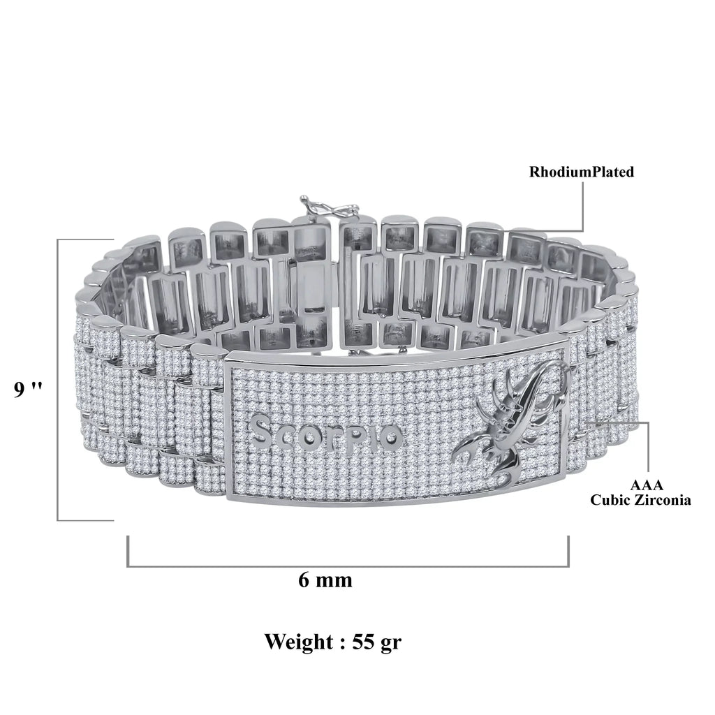 Zodiac Sign Scorpio 14K White Gold Finish Simulated Diamonds Mens Link Bracelet 8.5''