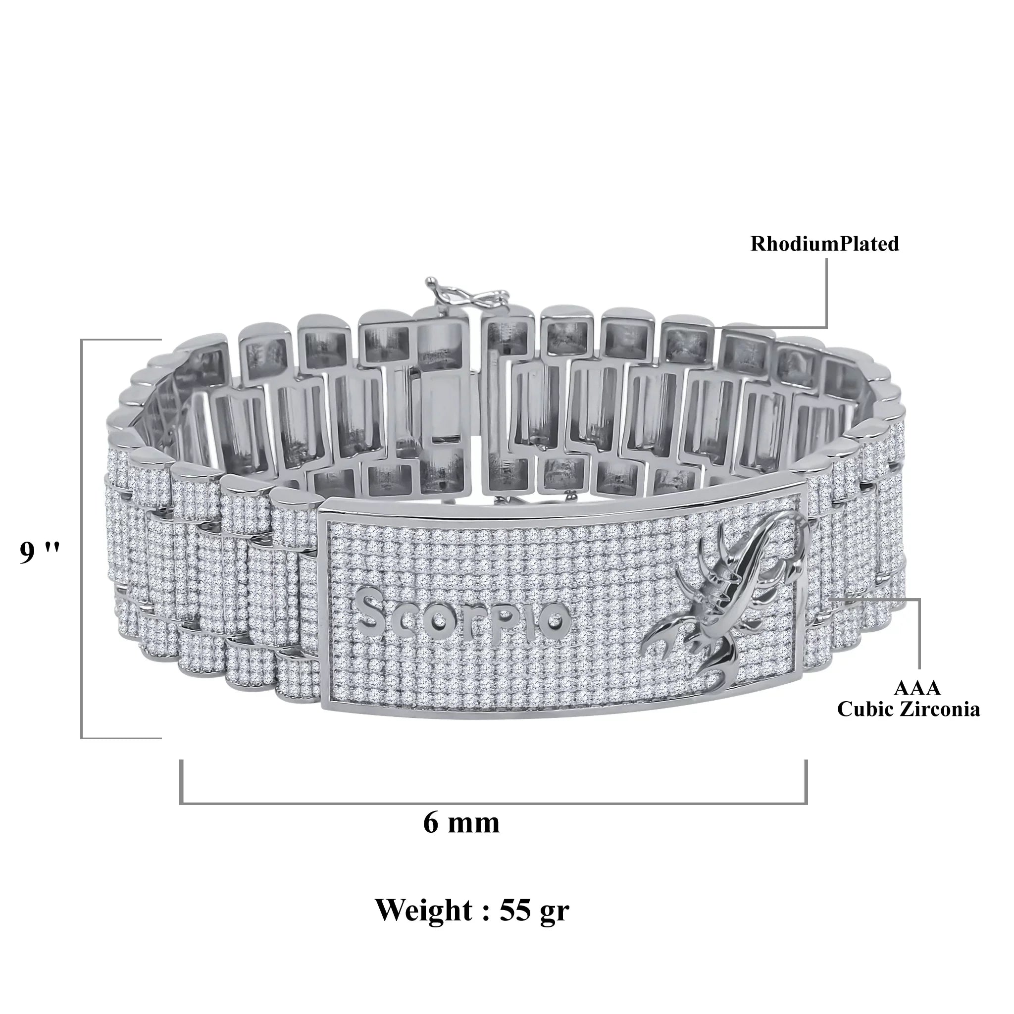 Zodiac Sign Scorpio 14K White Gold Finish Simulated Diamonds Mens Link Bracelet 8.5''