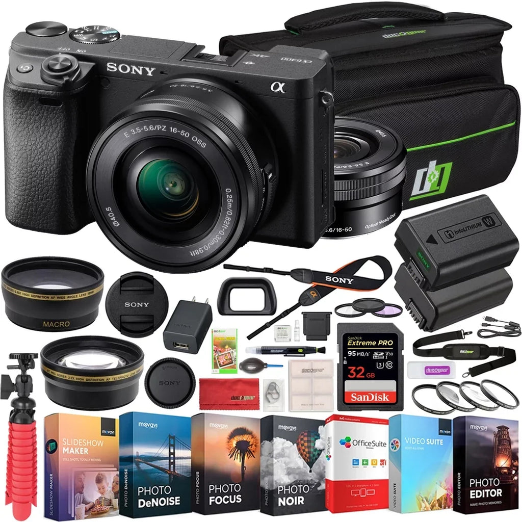 Sony a6400 4K Mirrorless Camera ILCE-6400L/B (Black) with 16-50mm f/3.5-5.6 OSS Lens Kit + 0.43x Wide Angle and 2.2X Telephoto Lens Deco Gear Case Filter Set & Extra Battery Power Editing Bundle