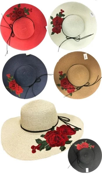 Womens Sun Hat with Flower Details; Assorted Color - Case of 24