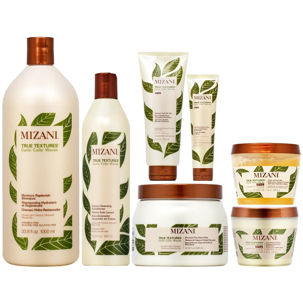 Mizani True Textures All In One - 7 Pieces Set (Shampoo 33.8 Oz + Conditioner 16.9 Oz + Hair Mask 16.9 Oz + Oil Gel 11oz + Pudding 8oz + Lotion 5oz + Coil Jelly 8oz)